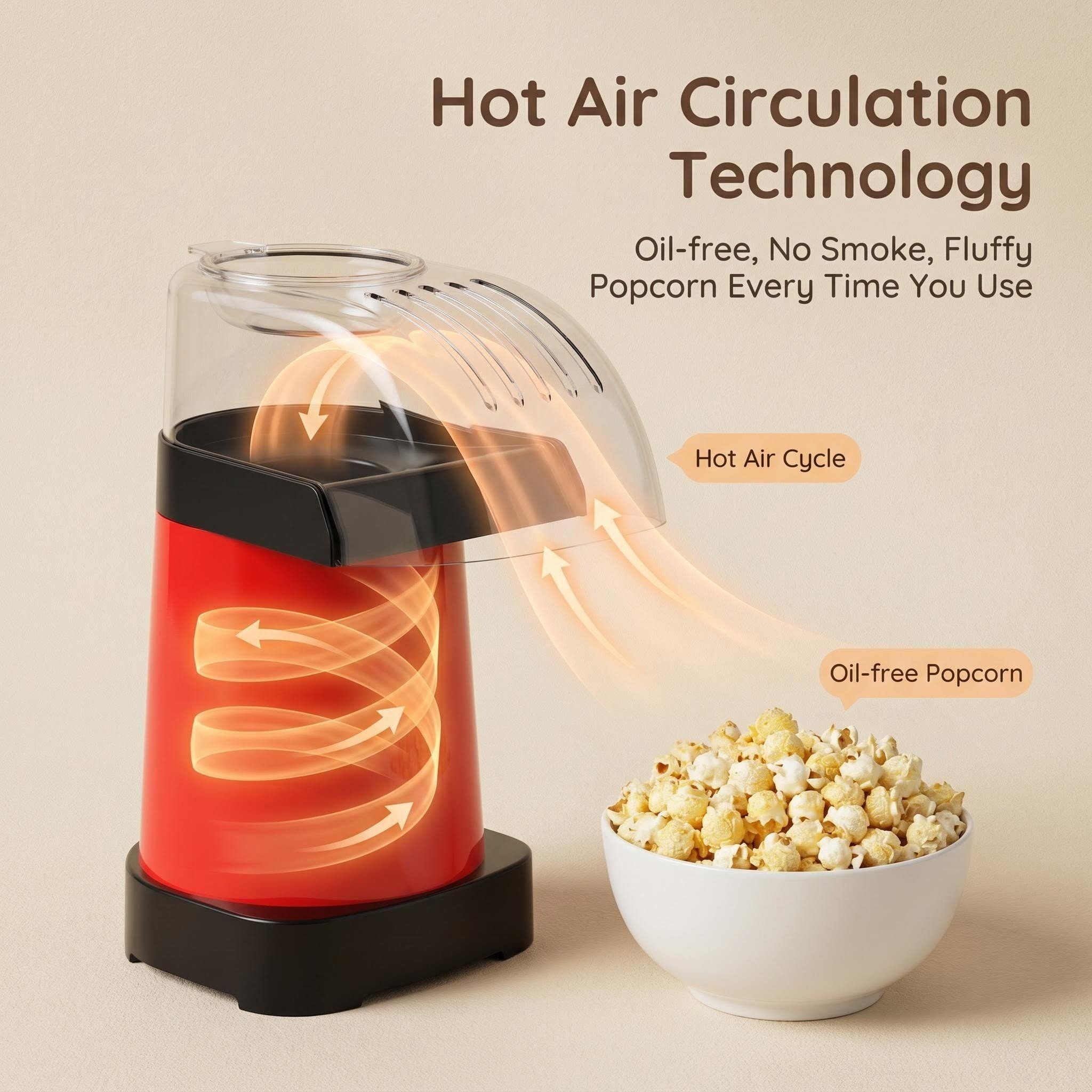 Kernee hot air circulation technology diagram: illustrating the internal airflow path of the red popcorn maker and the resulting oil-free popcorn.