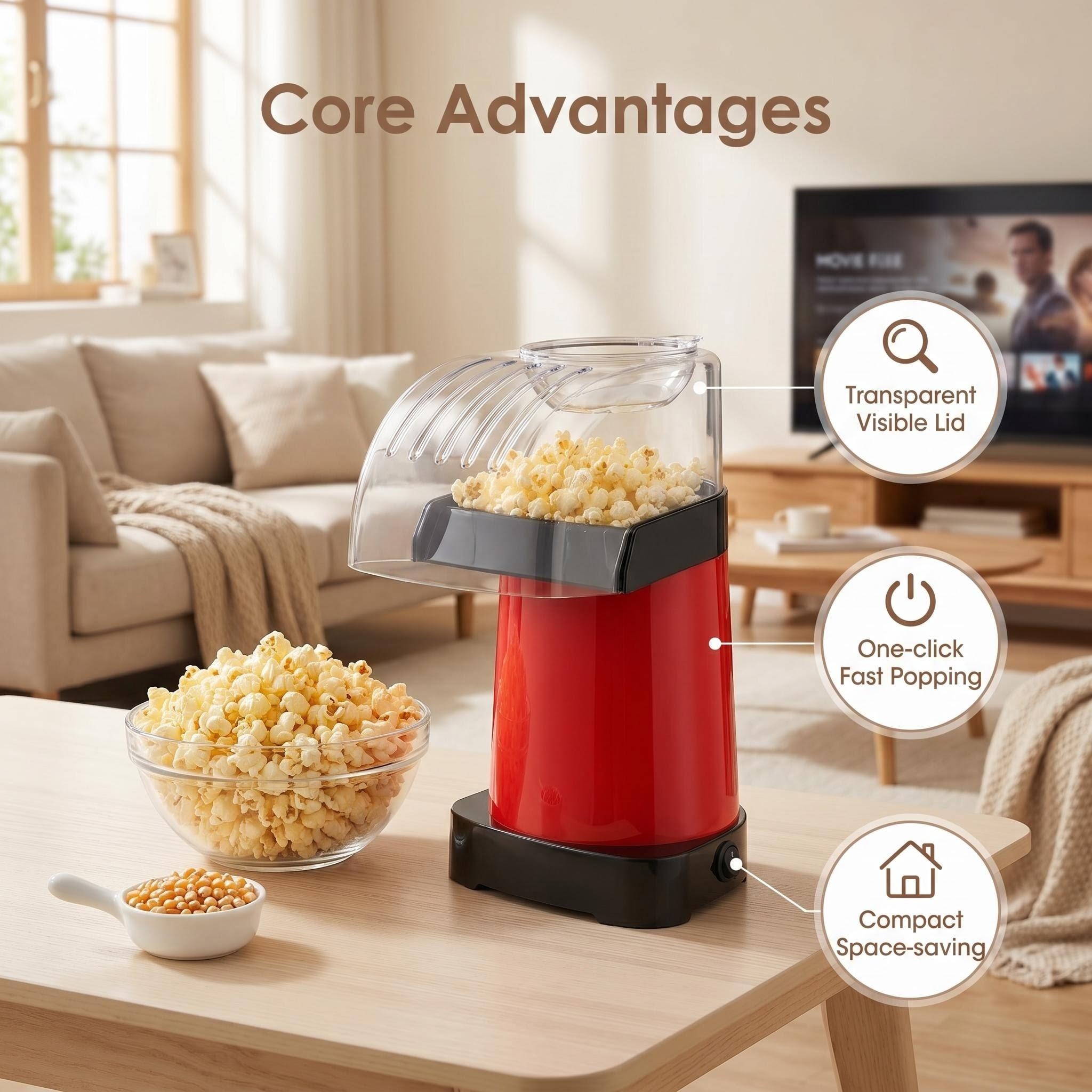 Kernee red popcorn maker infographic: highlighting the transparent lid, one-click start, and compact design in a cozy home movie night setting.