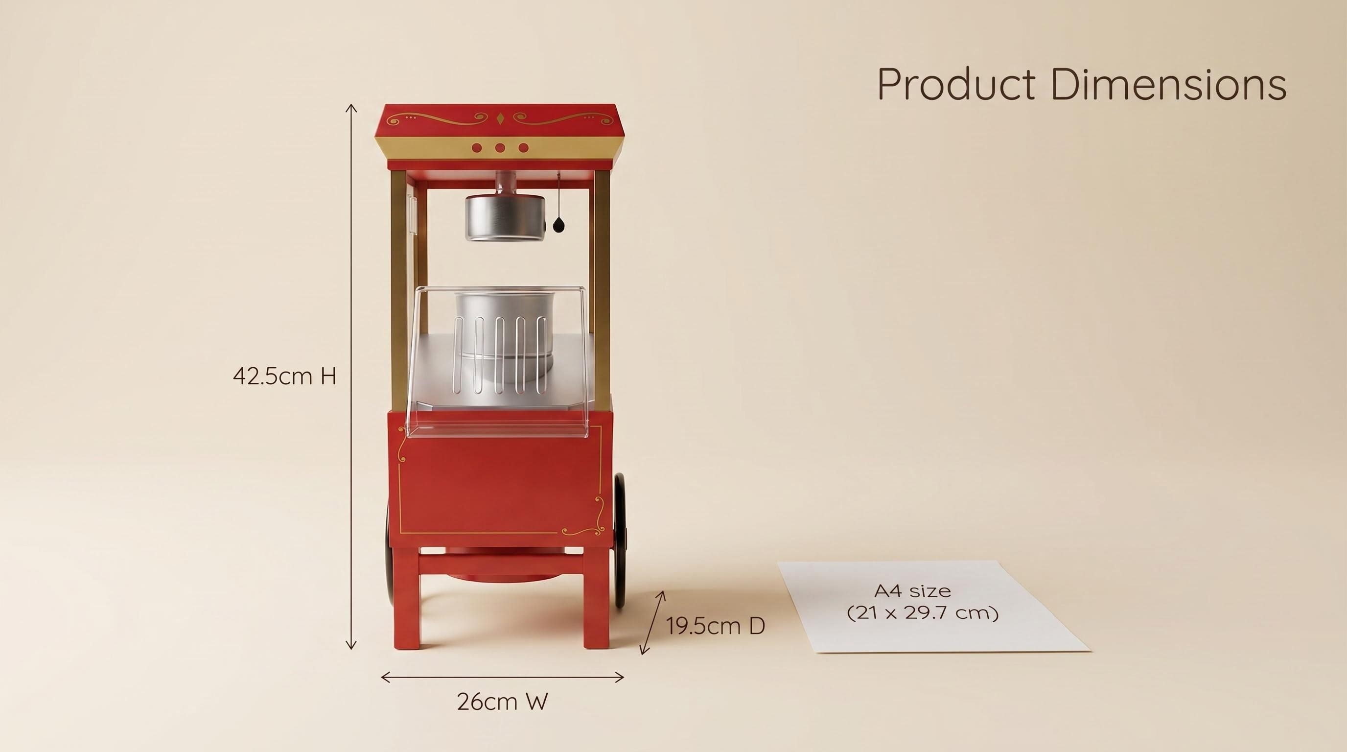 Red vintage popcorn maker dimensions: 42.5cm(H) x 26cm(W) x 19.5cm(D), shown with an A4 paper for scale comparison.