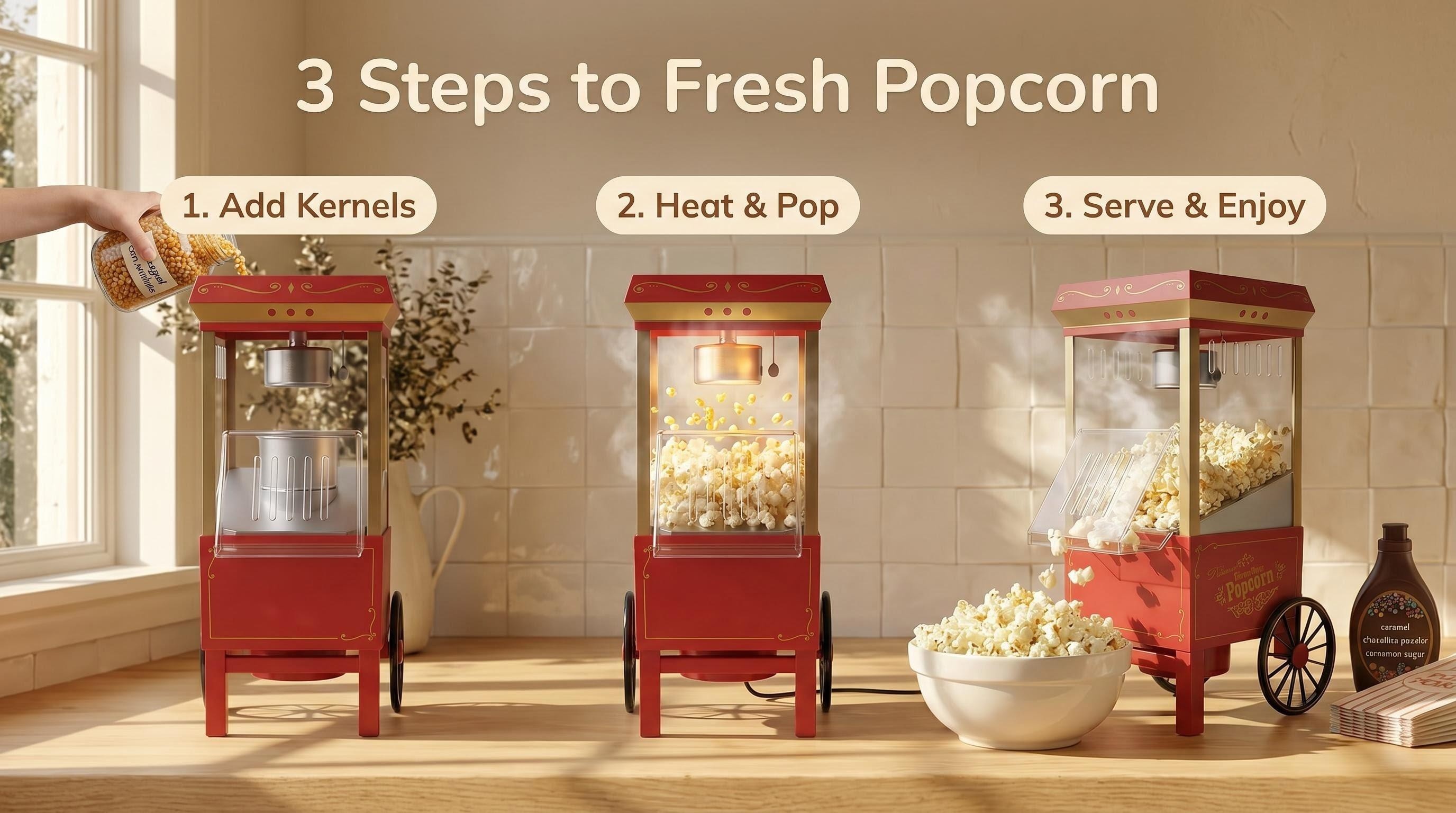 Step-by-step guide for the vintage popcorn maker: showing adding kernels, heating & popping, and serving in a bright home kitchen setting.