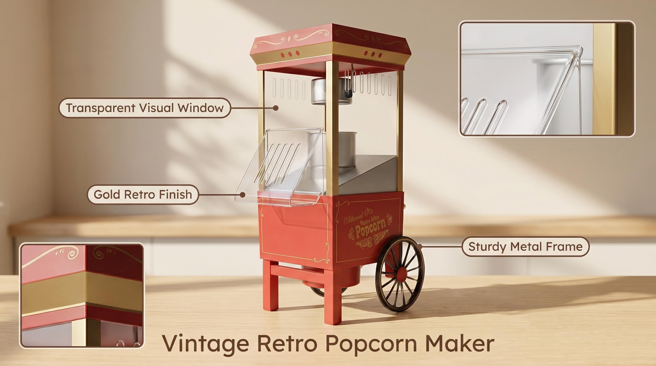 Detailed view of the vintage popcorn maker: highlighting the Gold Retro Finish, Sturdy Metal Frame, and Transparent Visual Window.