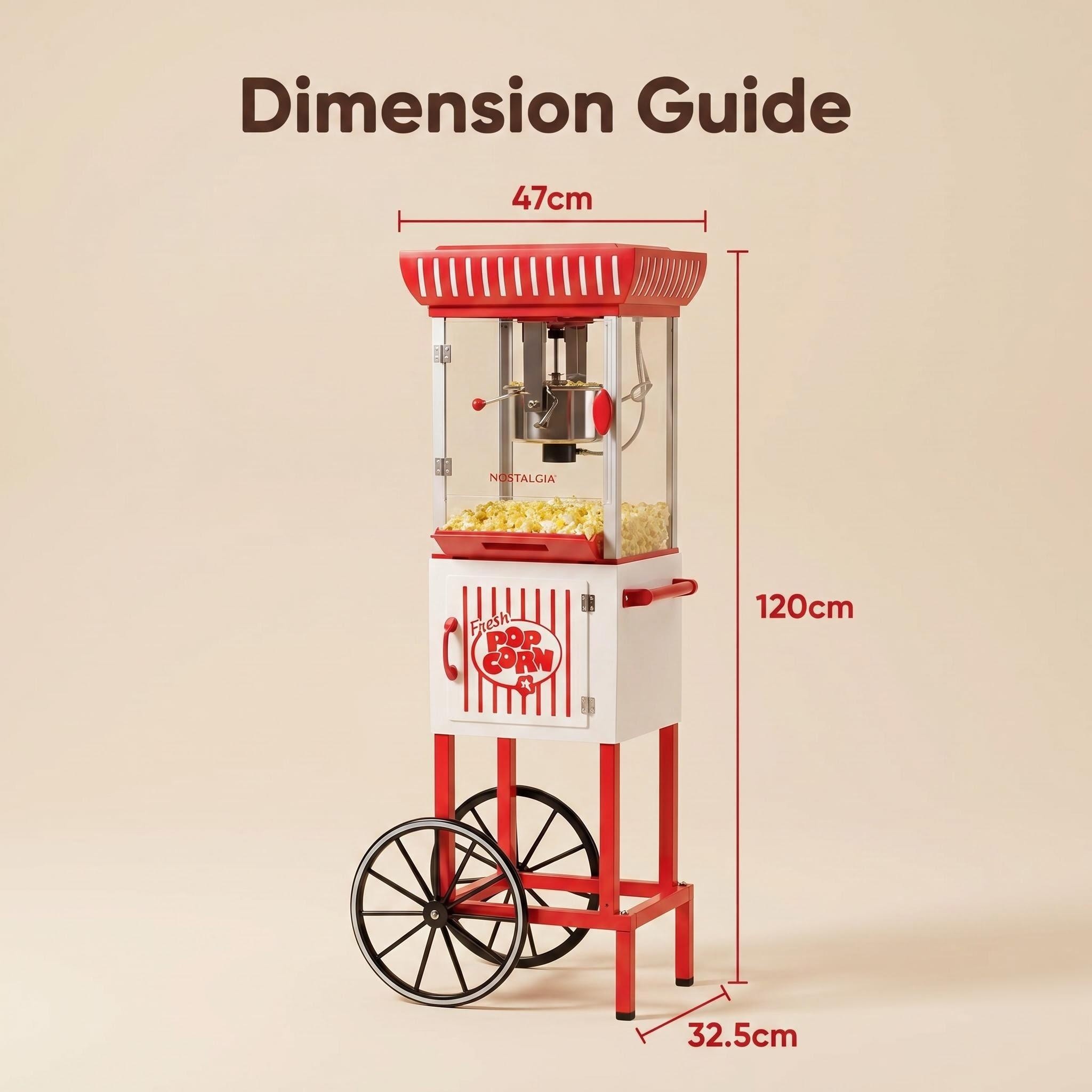 Kernee popcorn maker dimension guide showing product size and cart-style structure.