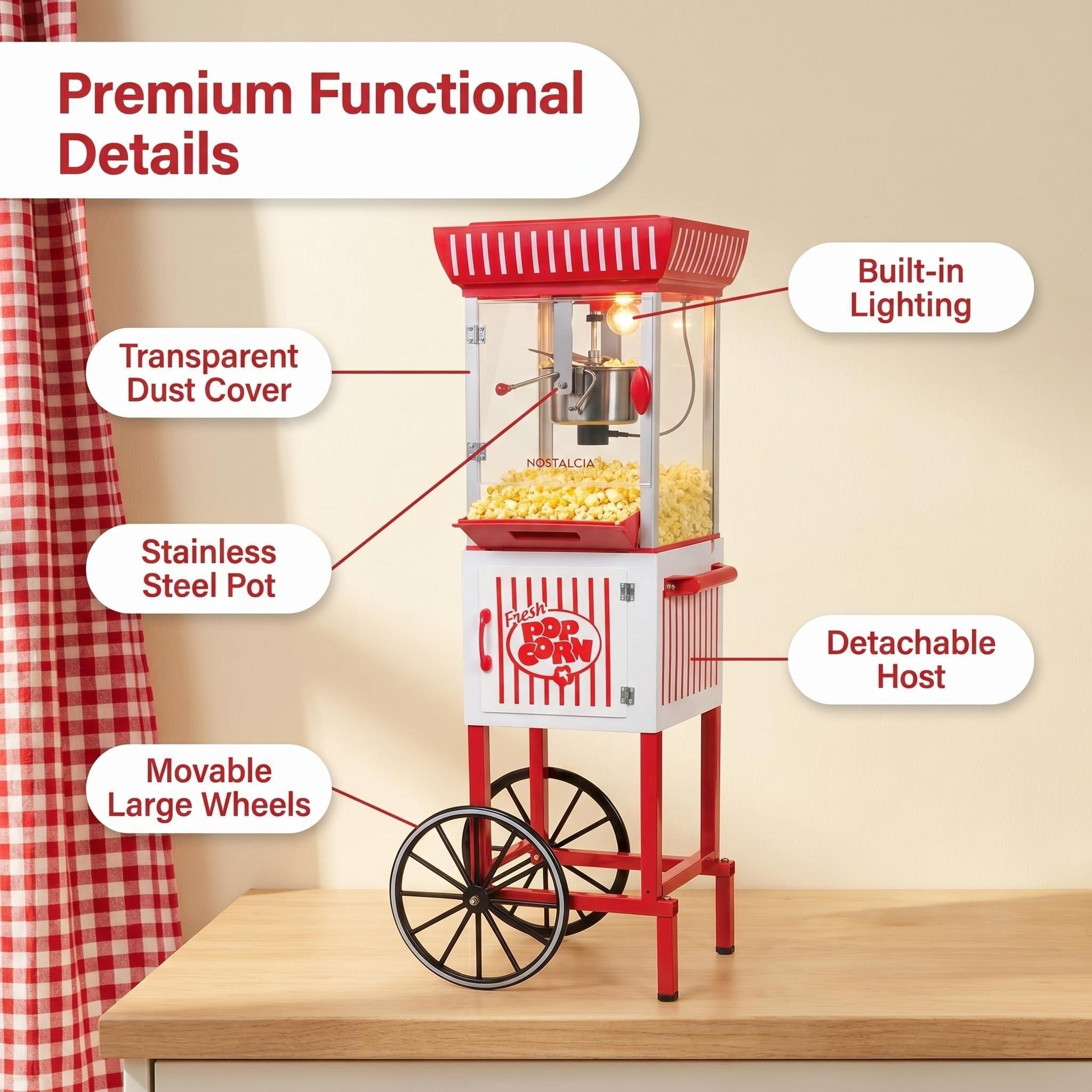 Kernee popcorn maker functional details with clear chamber, kettle, lighting, and wheels.