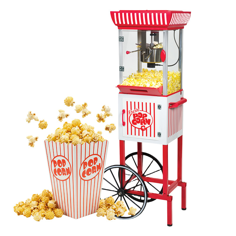  Kernee cart-style popcorn maker with fresh popcorn and popcorn serving boxes.