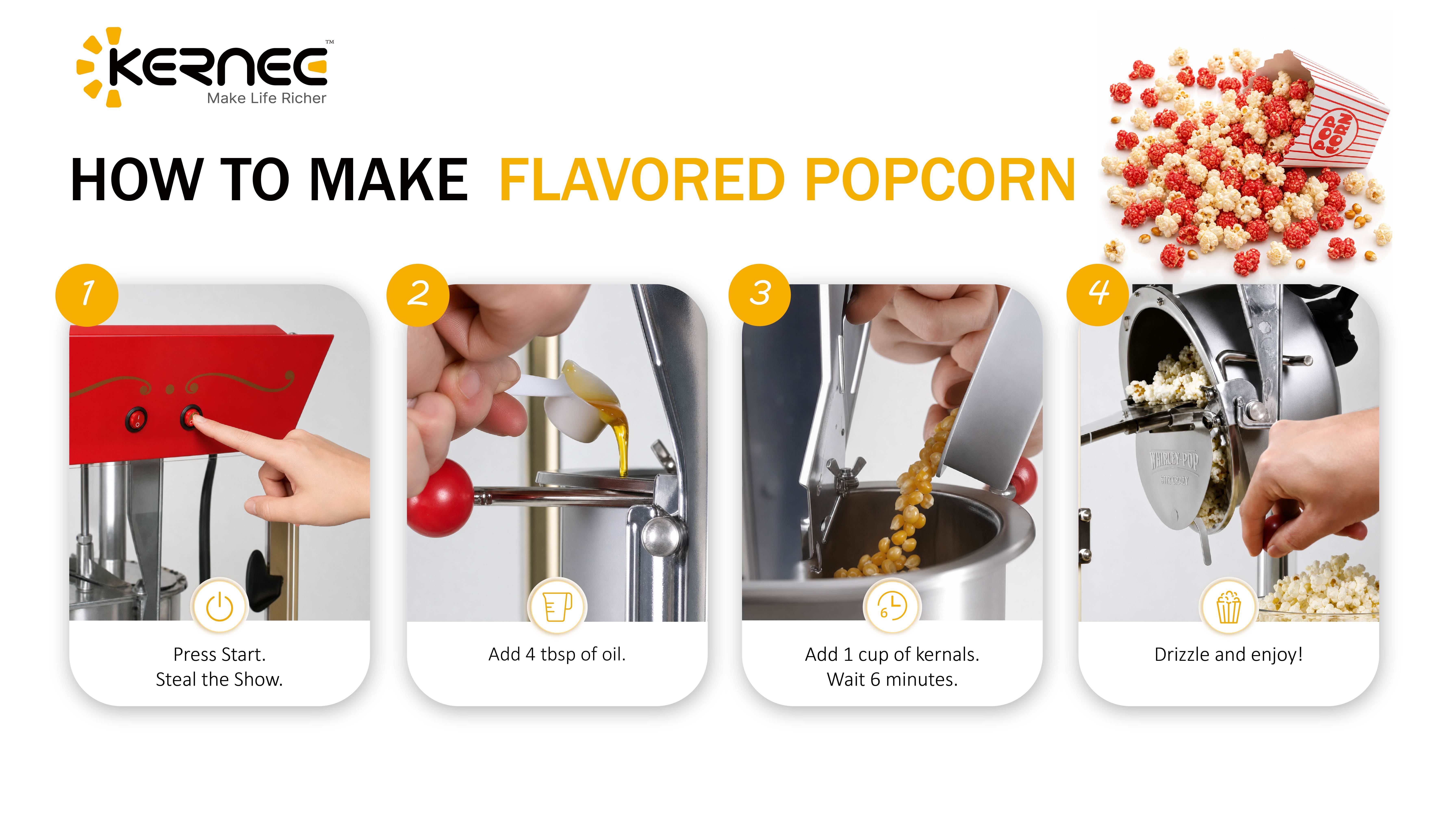 Kernee popcorn maker instruction guide showing simple steps for making flavored popcorn.