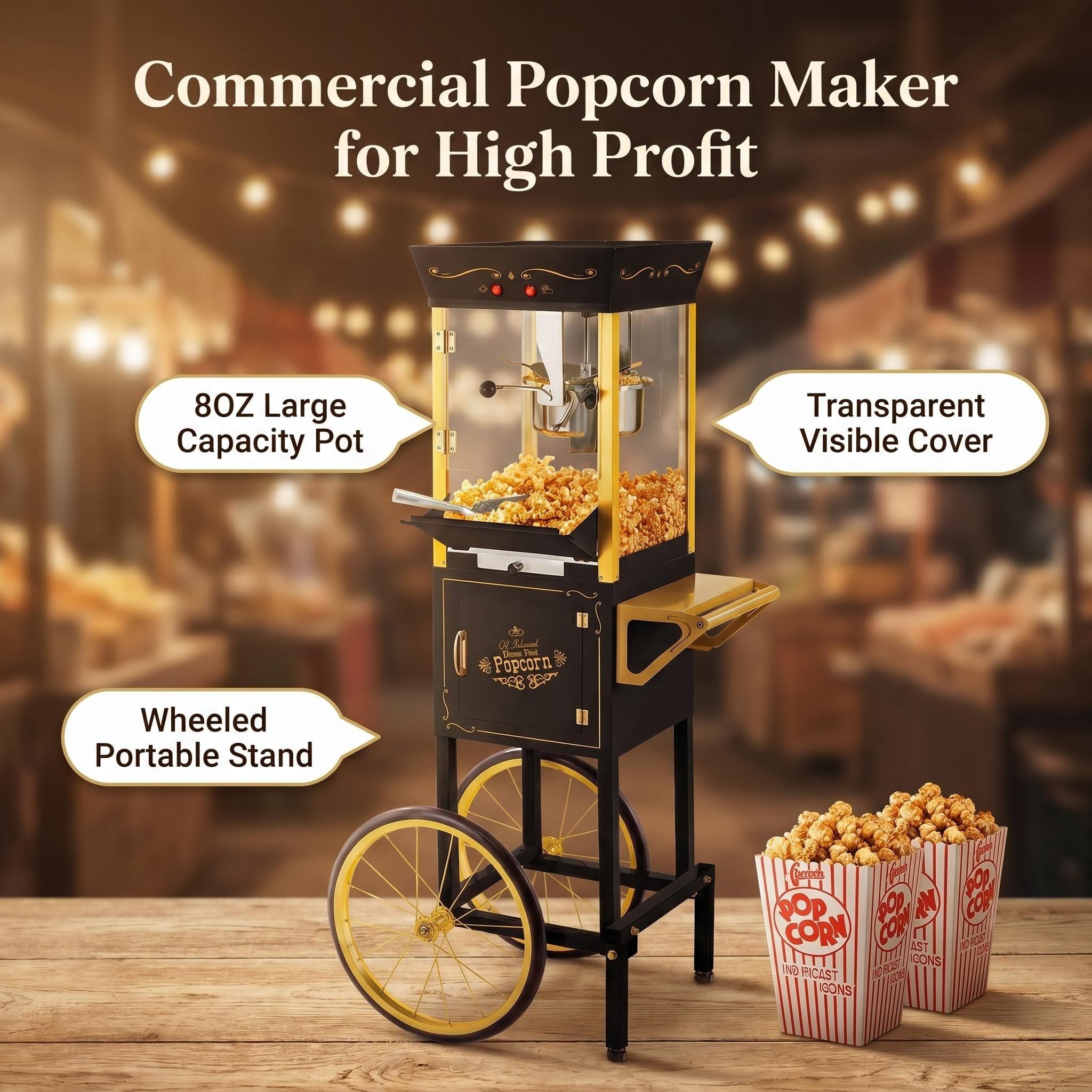 Commercial cart-style popcorn maker with large kettle capacity, transparent cover, wheeled stand, and fresh popcorn boxes for serving.
