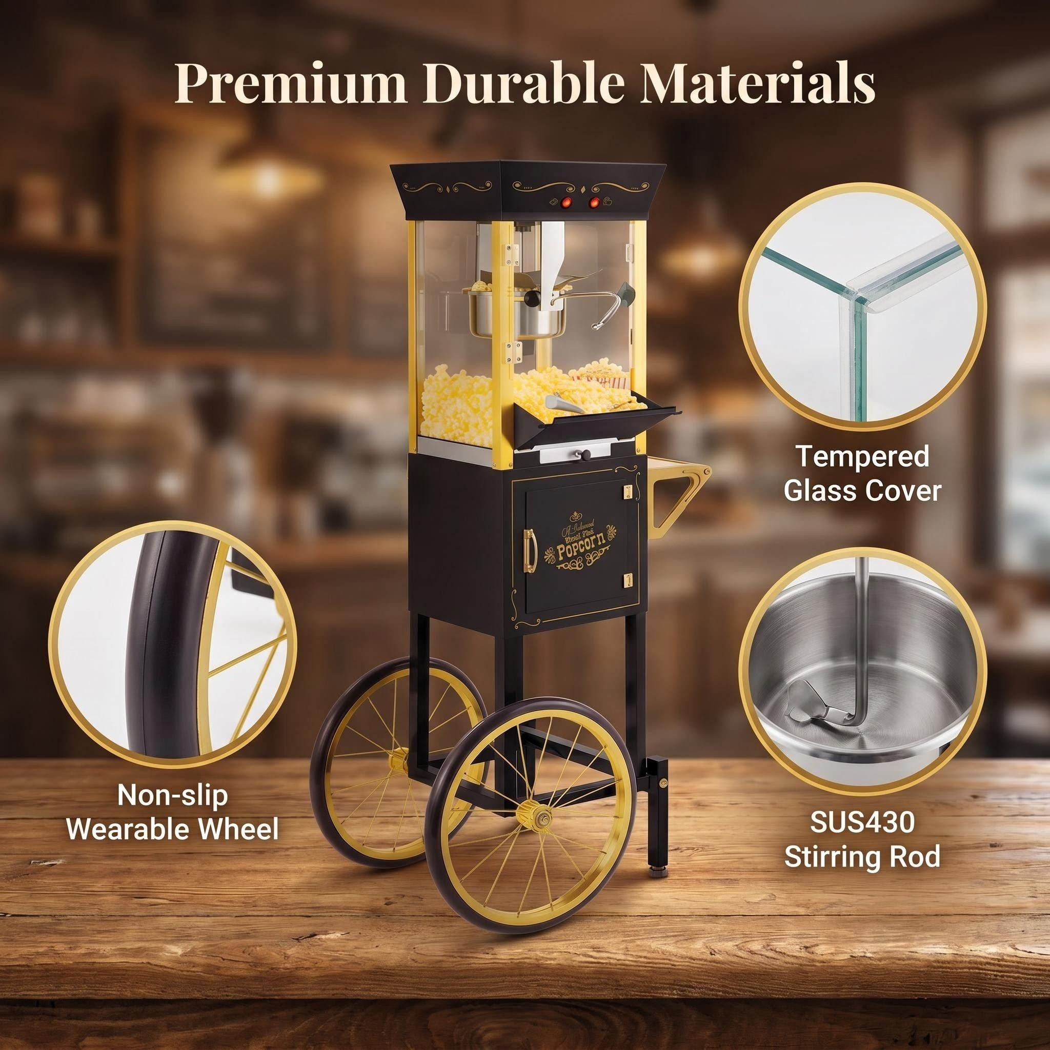 Popcorn maker material details showing tempered glass cover, stainless steel stirring rod, non-slip wheels, and durable cart construction.
