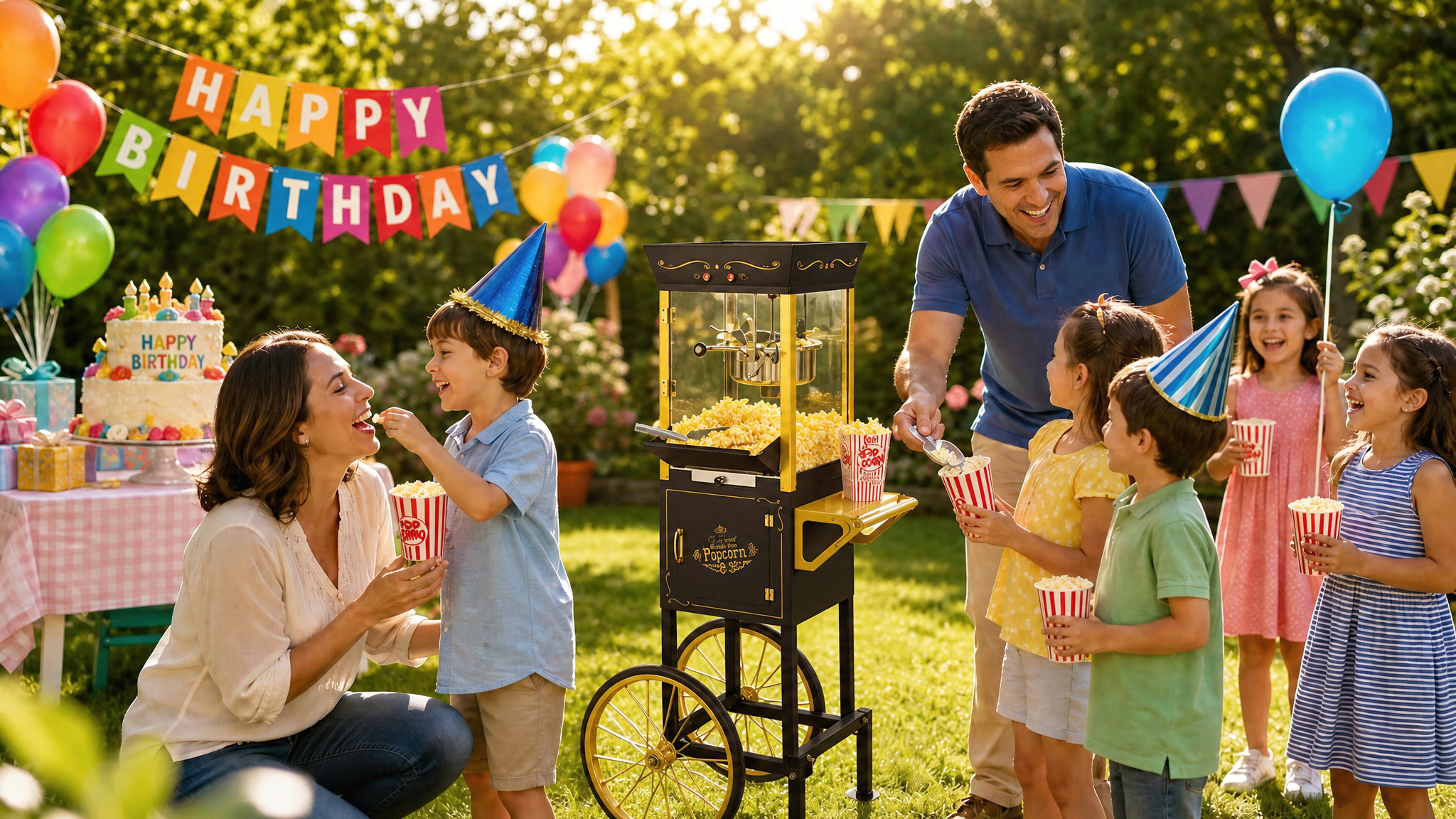 Kernee popcorn maker creating fresh popcorn for a family party scene.