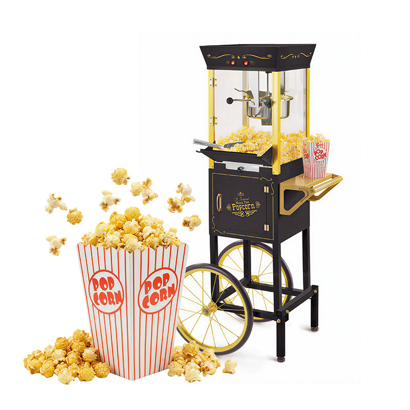  Kernee cart-style popcorn maker with fresh popcorn and popcorn serving boxes.