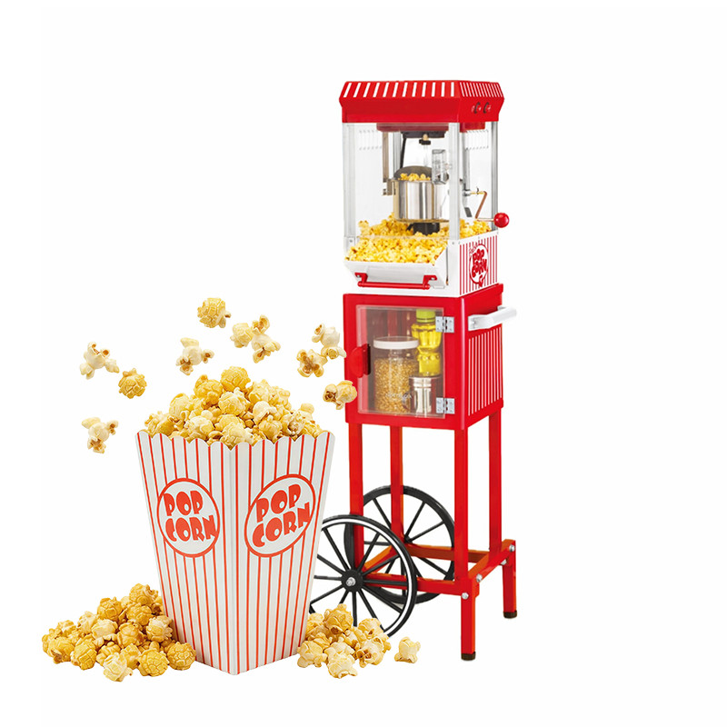 Kernee cart-style popcorn maker with fresh popcorn and popcorn serving boxes.