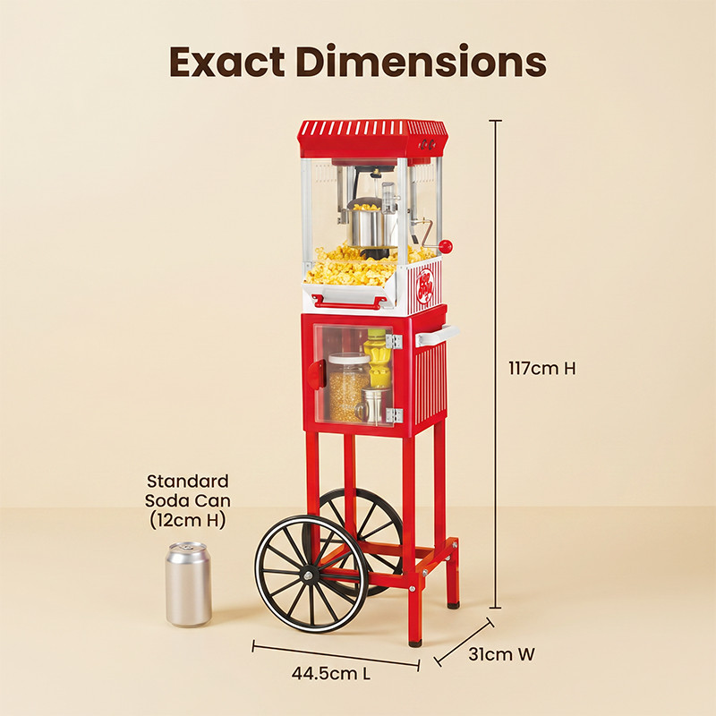 Kernee popcorn maker dimension guide showing product size and cart-style structure.