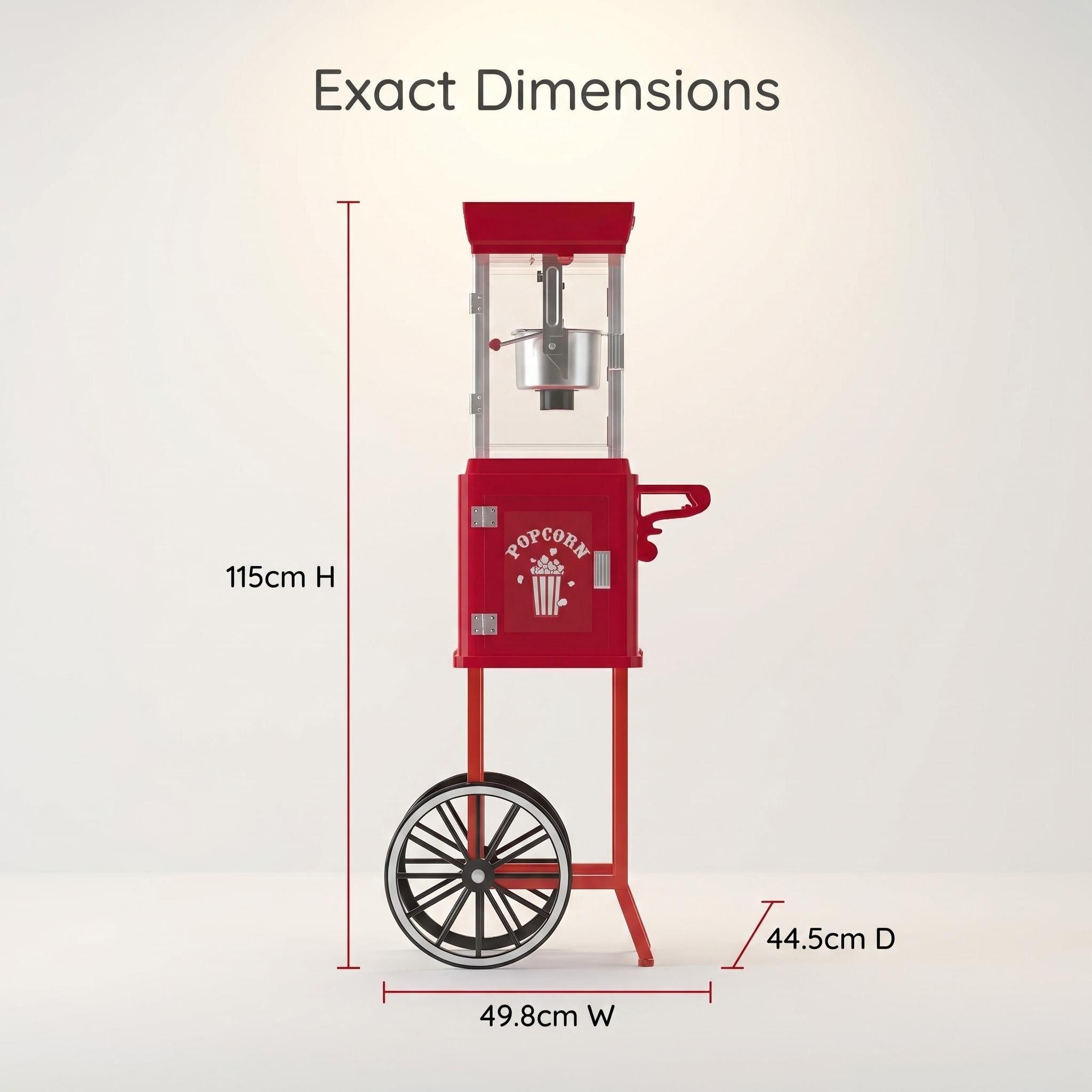 Kernee popcorn maker dimension guide showing product size and cart-style structure.