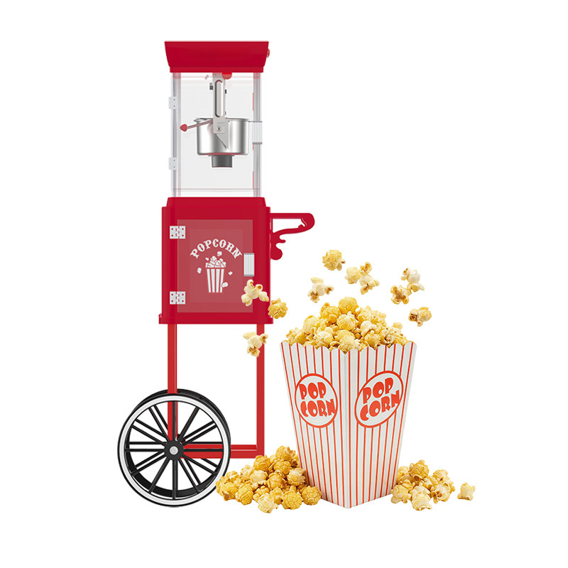  Kernee cart-style popcorn maker with fresh popcorn and popcorn serving boxes.