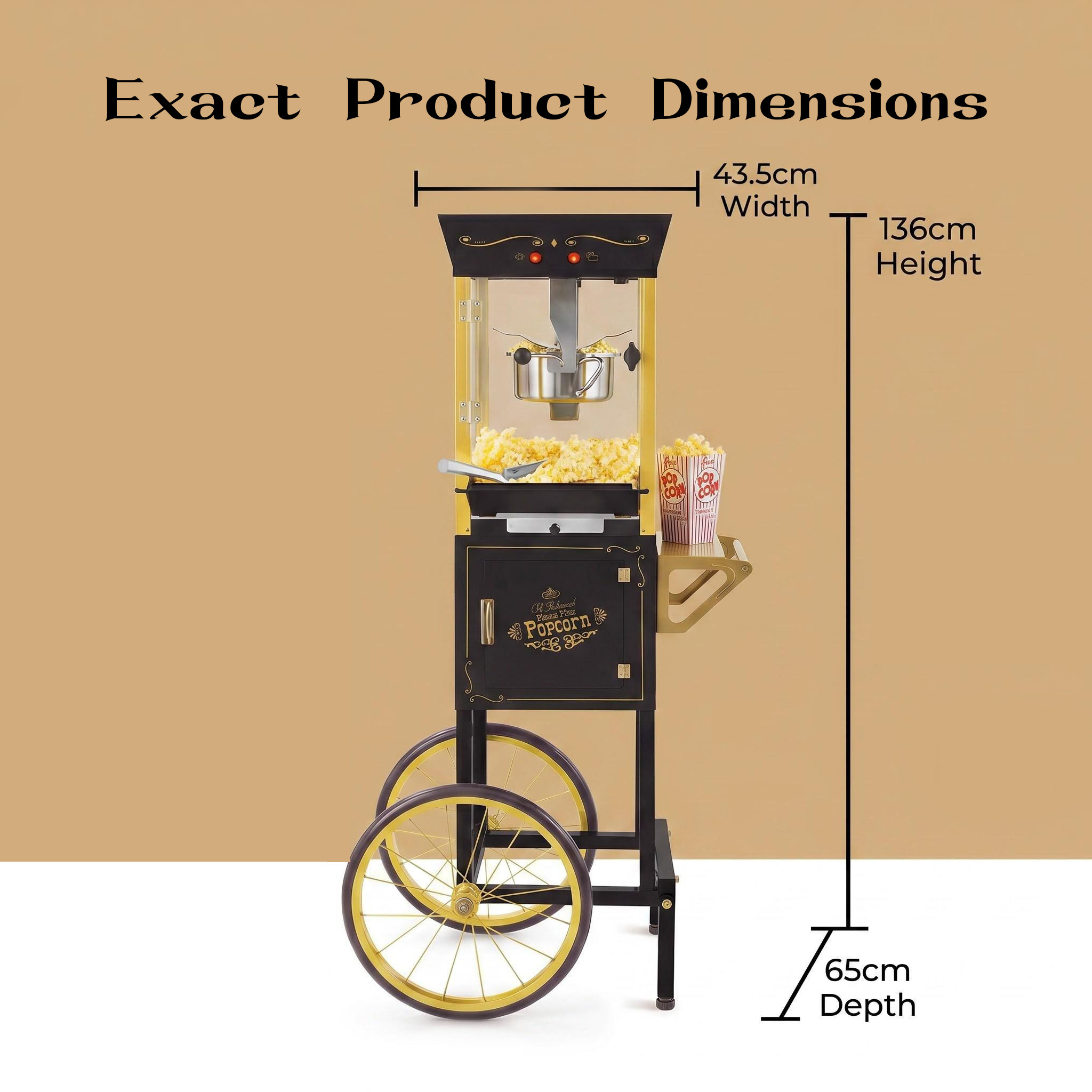 Kernee popcorn maker dimension guide showing product size and cart-style structure.