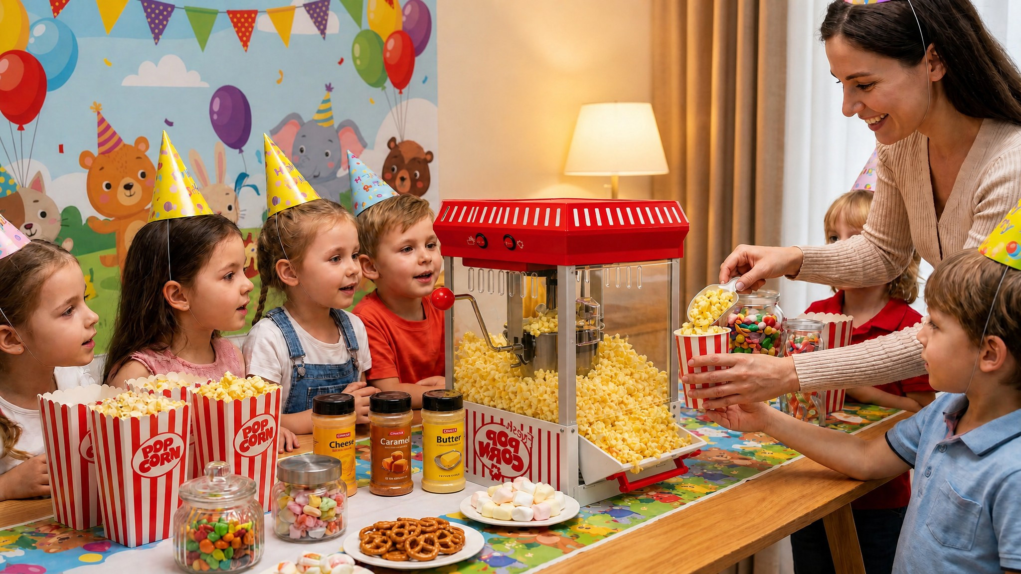 Kernee red kettle-style popcorn maker used at a children’s birthday party with kids wearing party hats and an adult serving fresh popcorn.