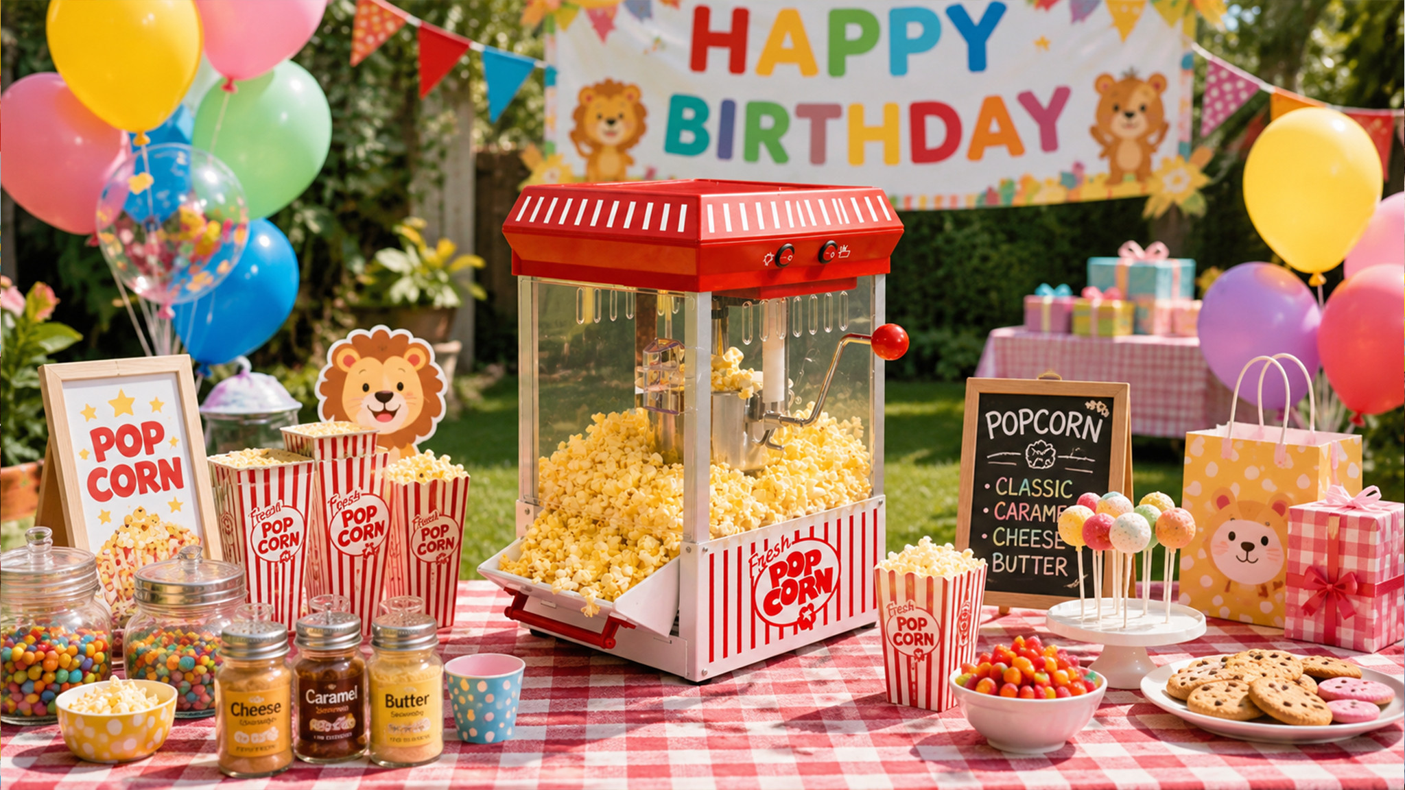 Kernee red kettle-style popcorn maker displayed at a colorful children’s birthday party table with balloons, popcorn cups, candy jars, cookies, and party decorations.