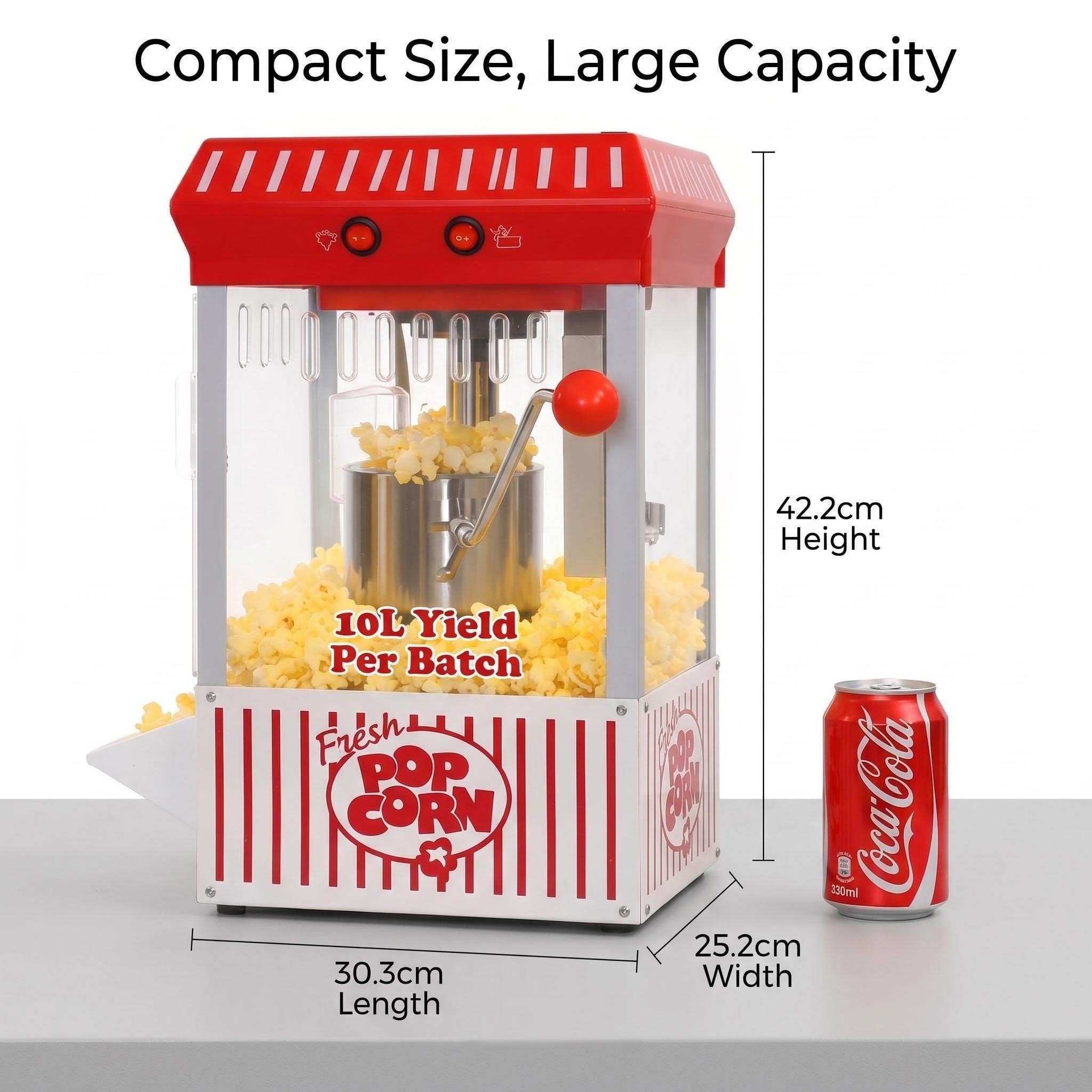 Kernee popcorn maker dimension guide showing product size and cart-style structure.