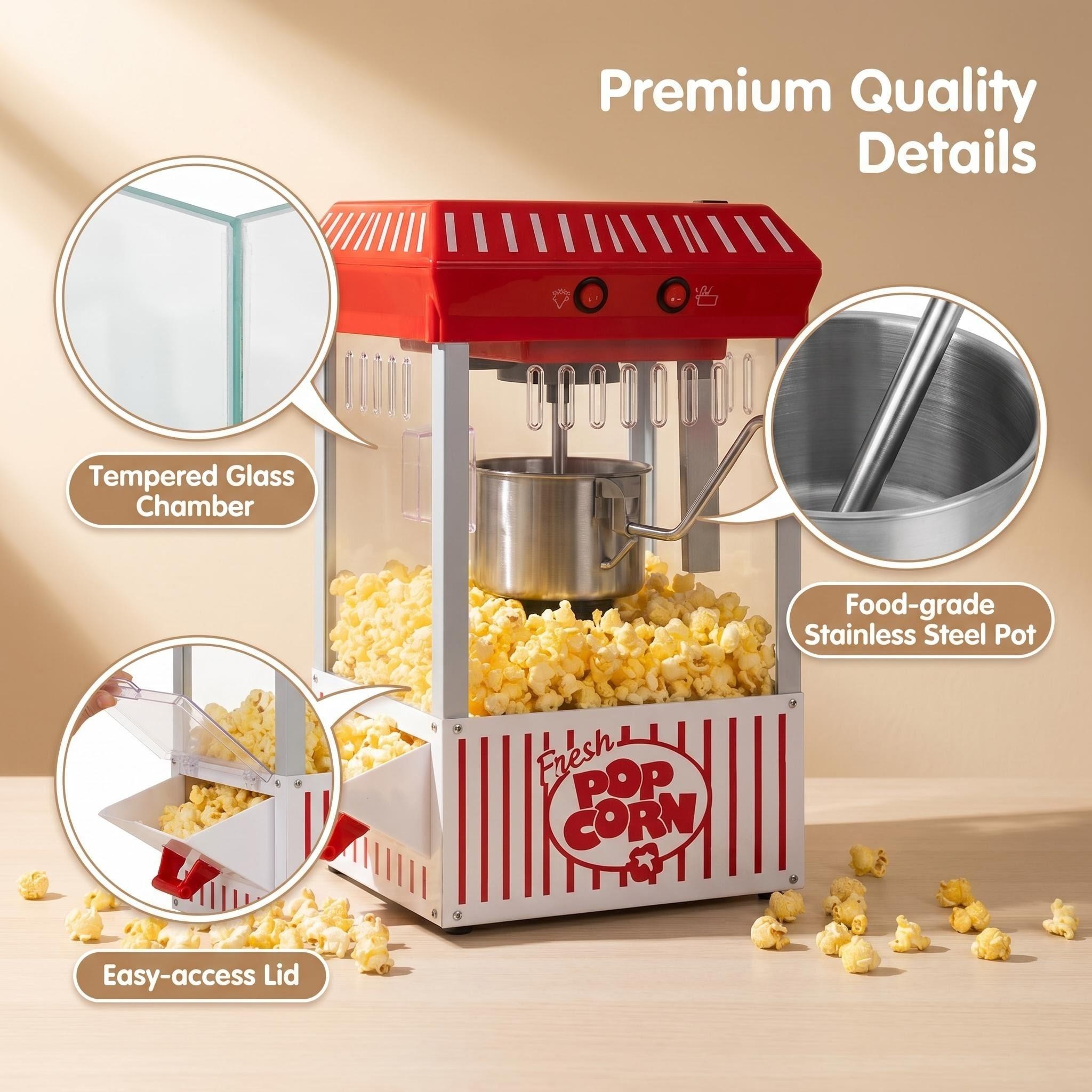 Kernee red kettle-style popcorn maker detail diagram showing tempered glass chamber, food-grade stainless steel pot, and easy-access lid.