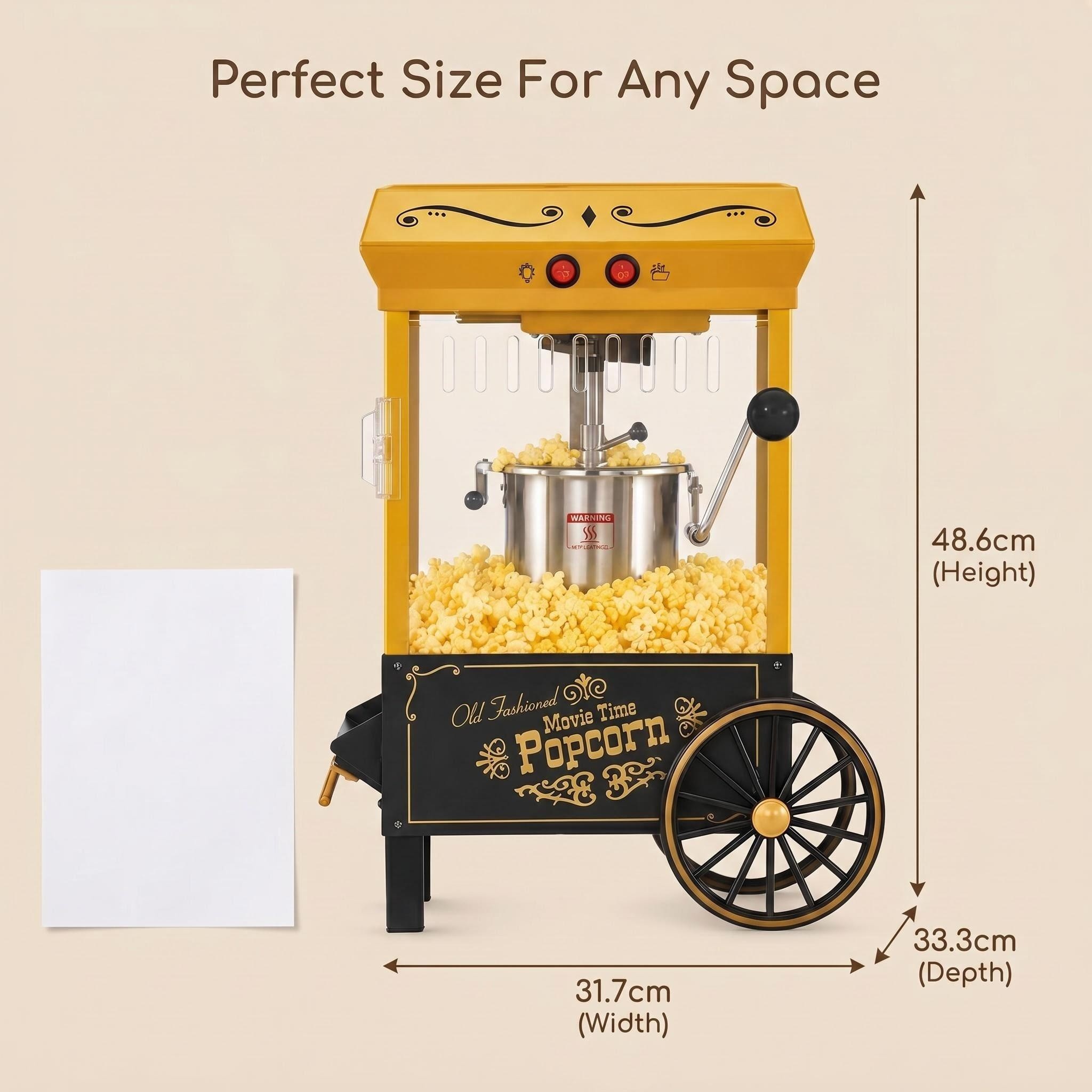 Kernee popcorn maker dimension guide showing product size and cart-style structure.
