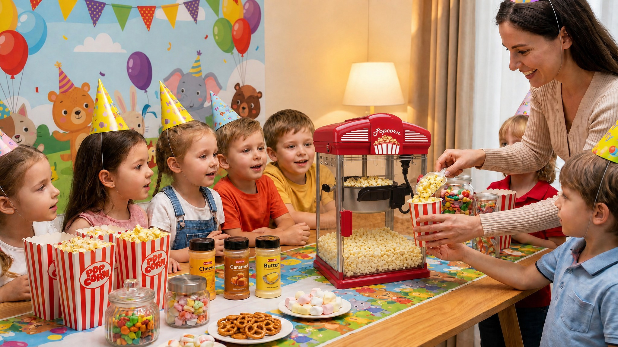 Kernee red kettle-style popcorn maker used at a children’s birthday party with kids wearing party hats and an adult serving fresh popcorn.