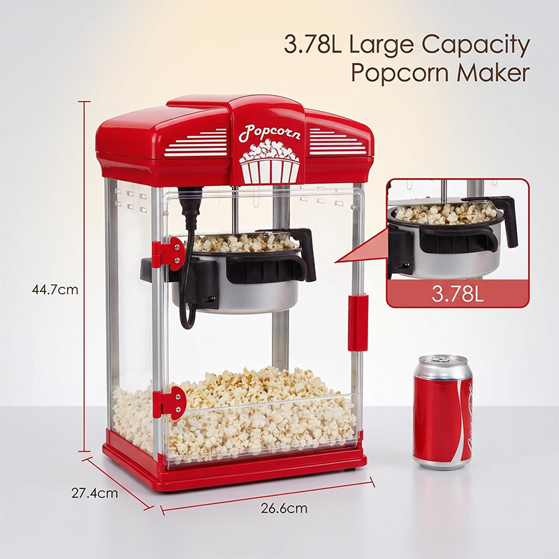 Kernee popcorn maker dimension guide showing product size and cart-style structure.