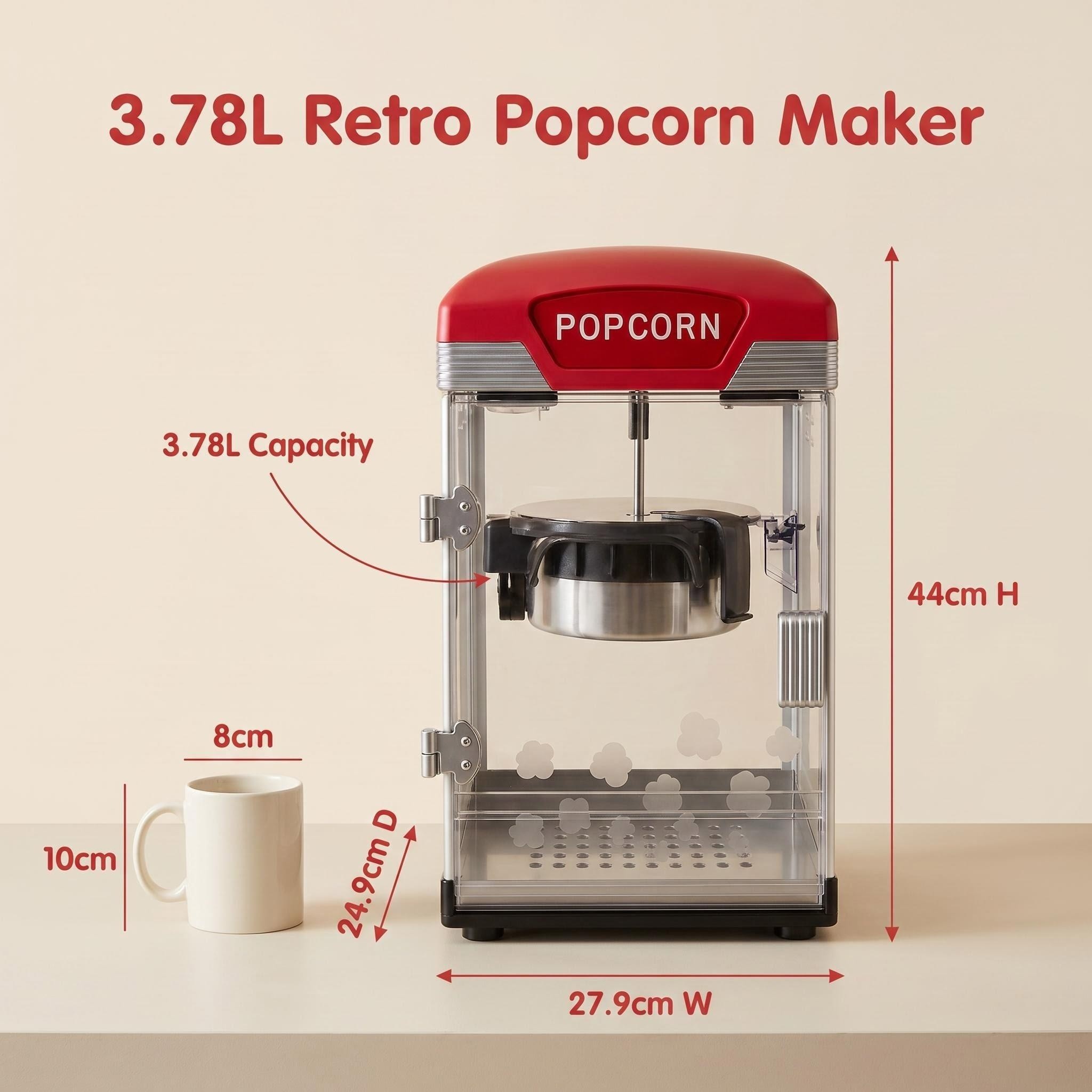 Kernee popcorn maker dimension guide showing product size and cart-style structure.