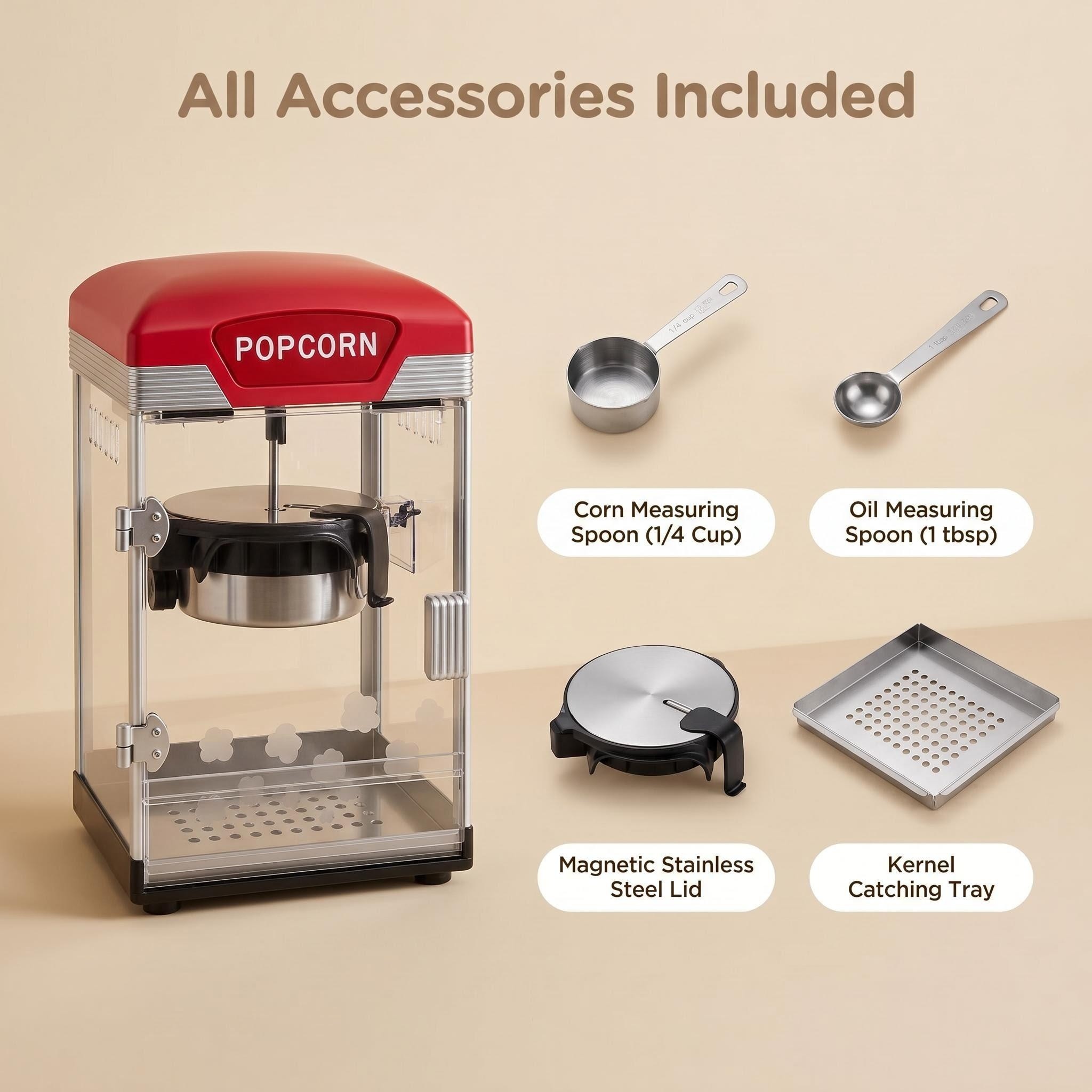 Kernee popcorn maker accessory display showing corn measuring spoon, oil measuring spoon, magnetic stainless steel lid, and kernel catching tray.