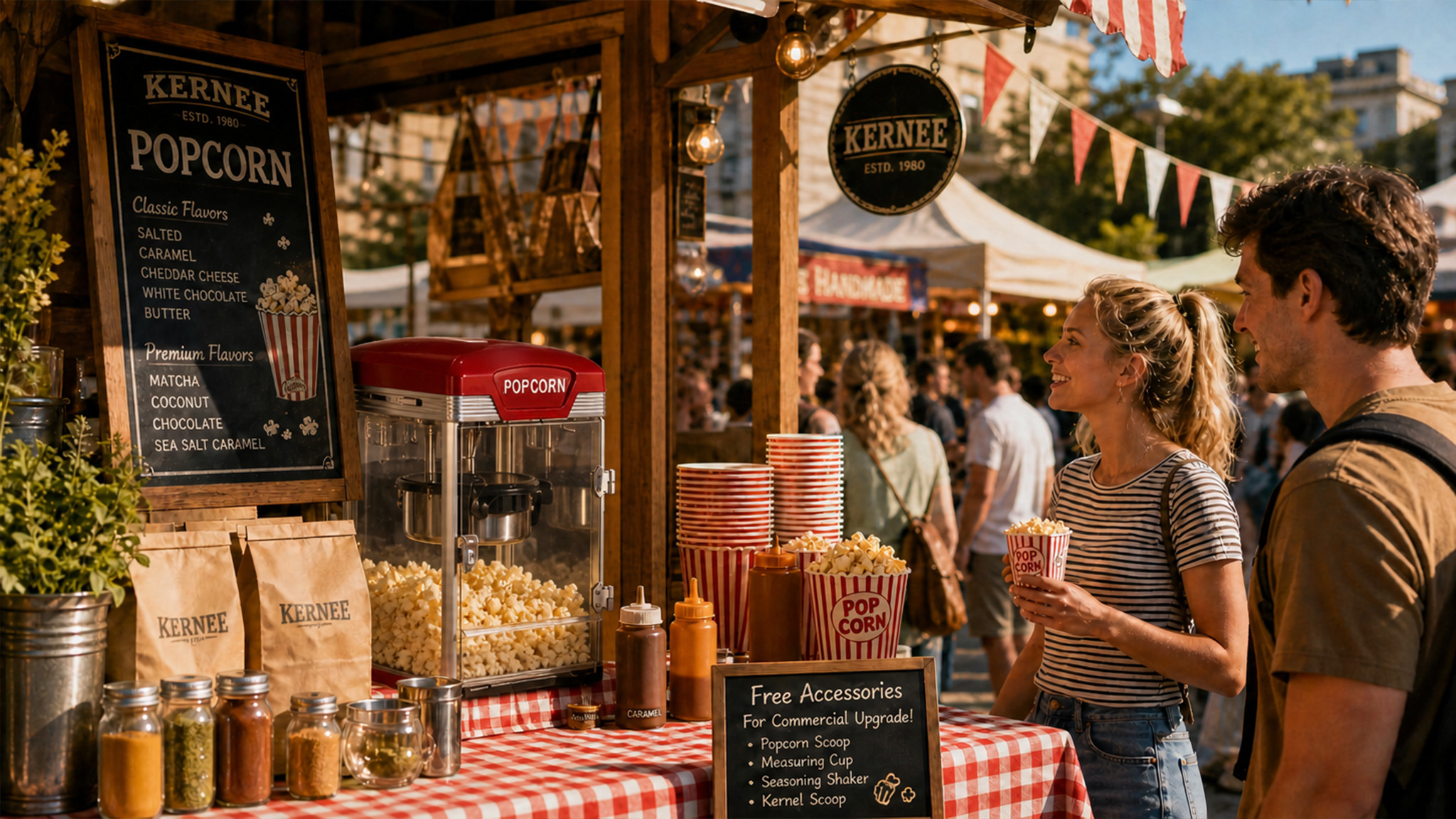 Kernee kettle-style popcorn maker displayed at a vintage outdoor market stand with red gingham tablecloth, popcorn cups, seasoning jars, paper bags, and customers enjoying fresh popcorn.