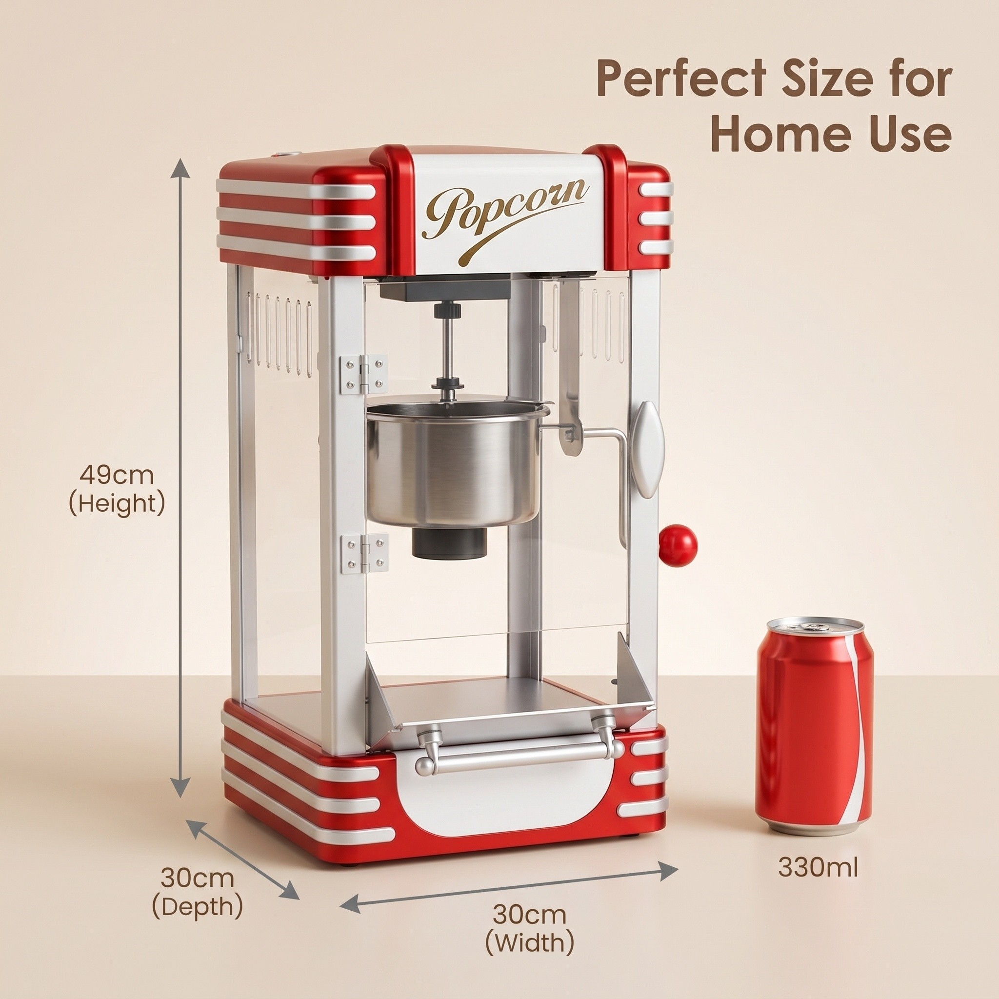Kernee popcorn maker dimension guide showing product size and cart-style structure.