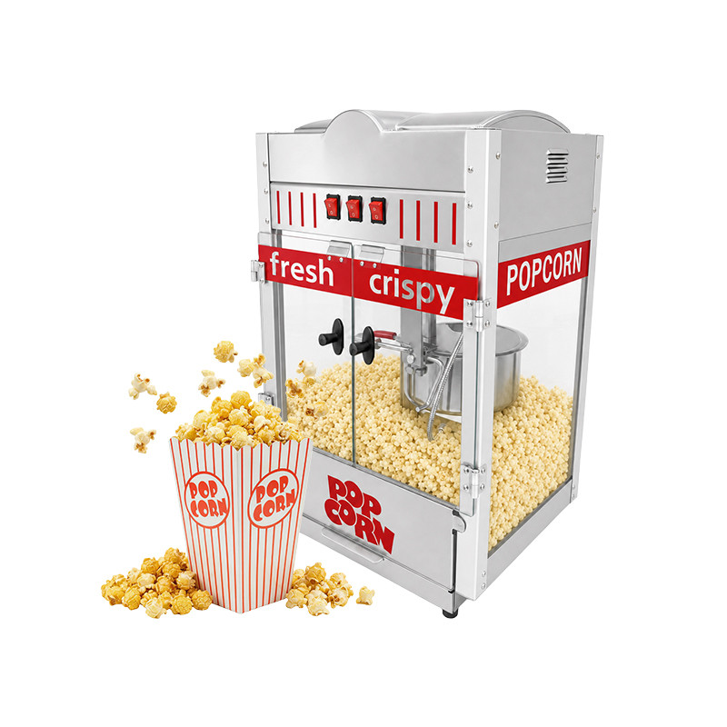  Kernee cart-style popcorn maker with fresh popcorn and popcorn serving boxes.