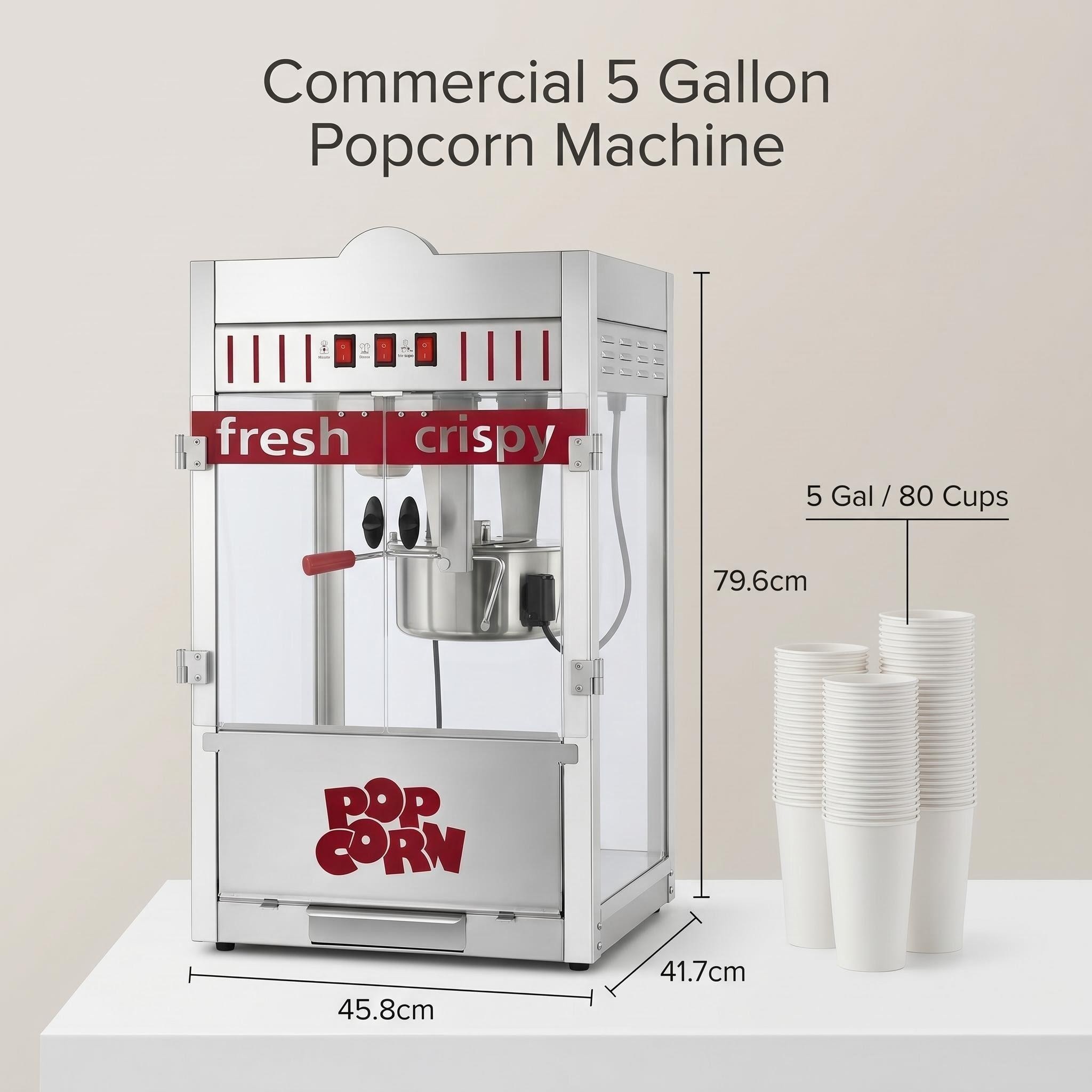 KERNEE commercial popcorn machine dimension guide showing 45.8 cm width, 41.7 cm depth, 79.6 cm height, and 5-gallon 80-cup capacity.