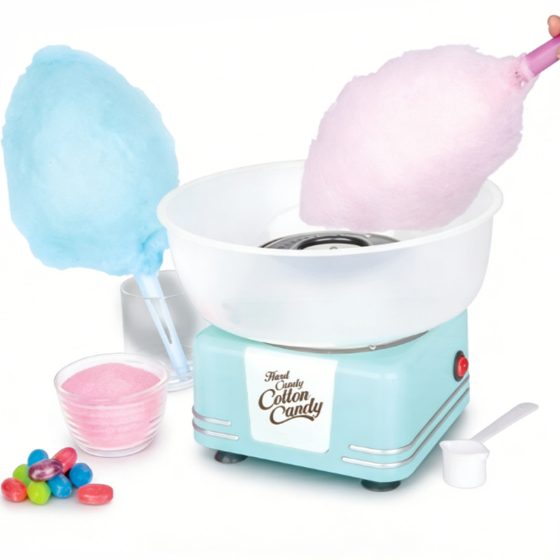 A happy mother and young child interacting and smiling together around a vintage lifestyle kitchen appliance on a sun-drenched white countertop.