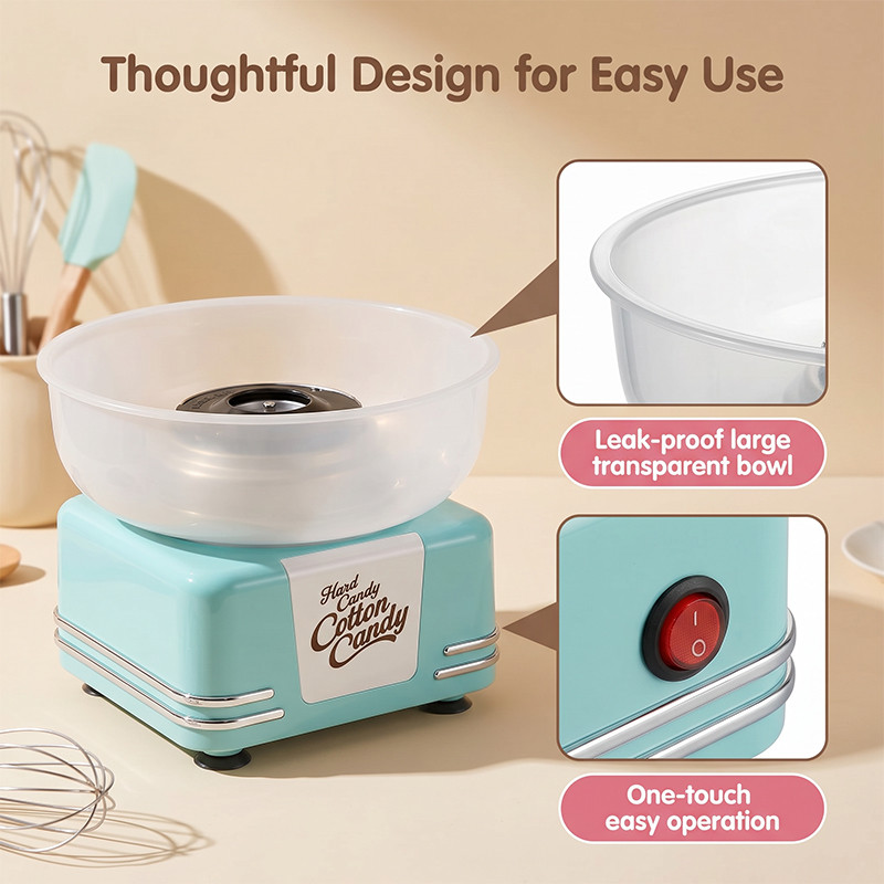 KERNEE blue cotton candy maker with transparent splash-proof bowl, one-touch power button and easy-use product detail callouts.