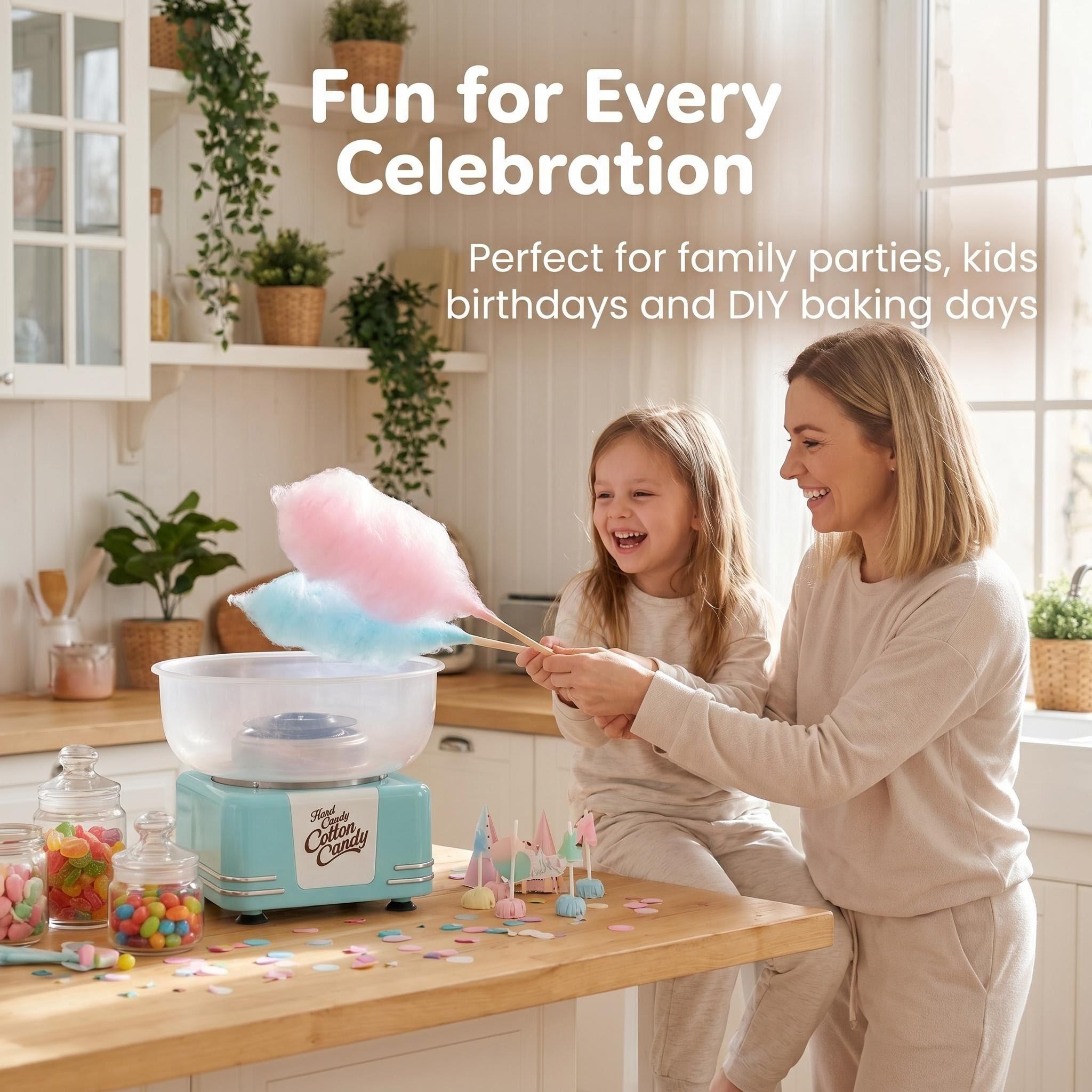 Mother and child making cotton candy with a KERNEE home cotton candy maker in a bright family party setting.