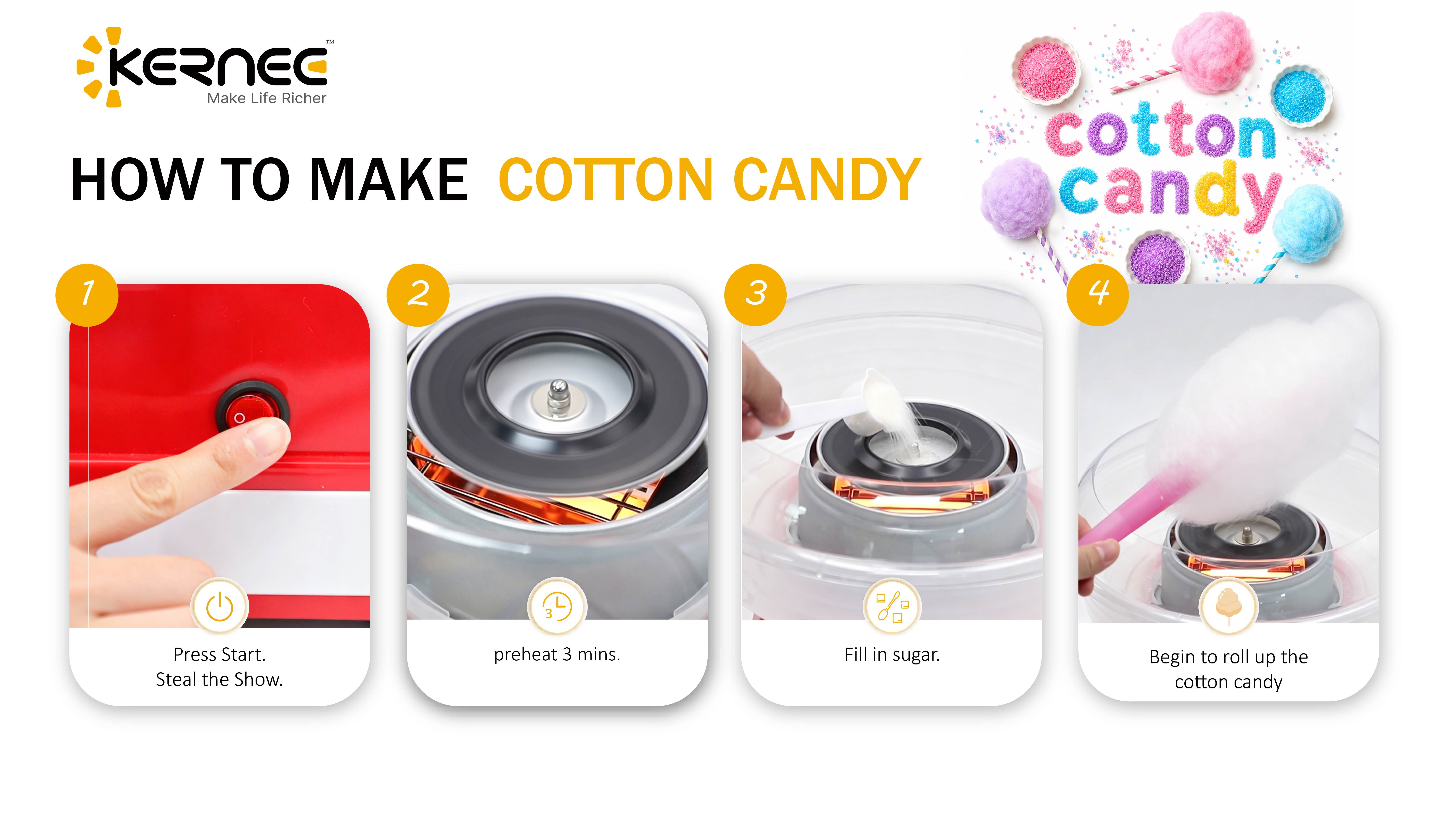 Kernec cotton candy machine step-by-step instruction guide showing power switch, preheating, adding sugar, and rolling the cotton candy cone.