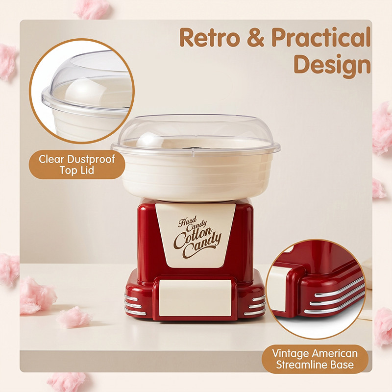 KERNEE blue cotton candy maker with transparent splash-proof bowl, one-touch power button and easy-use product detail callouts.