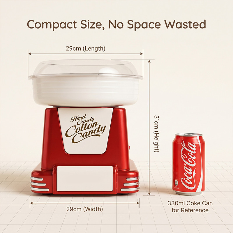 Side view dimension infographic of a compact Kernec countertop appliance placed next to a standard reference object for scale comparison.