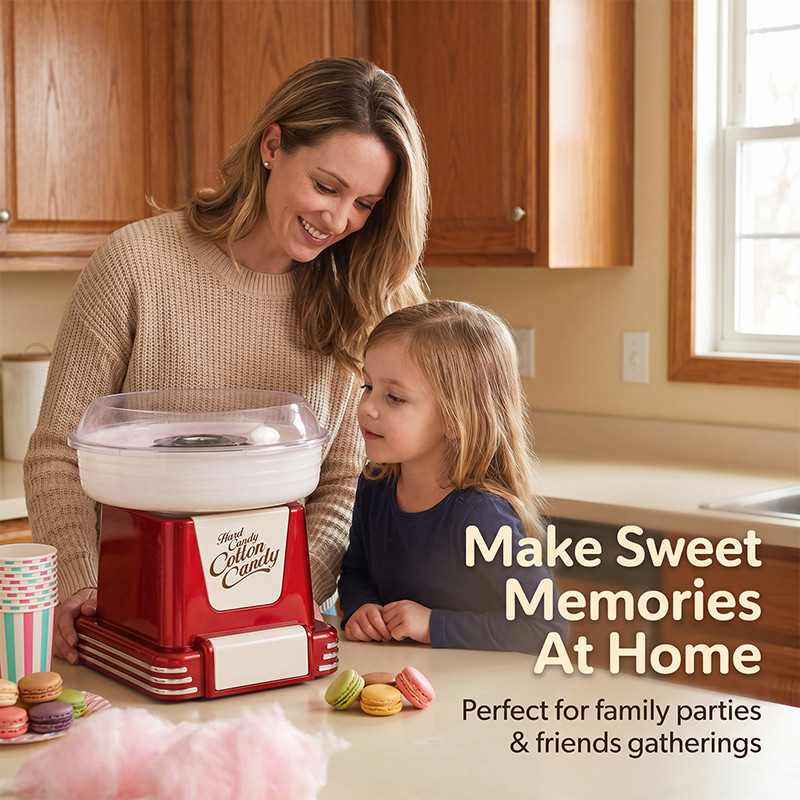 Mother and child making cotton candy with a KERNEE home cotton candy maker in a bright family party setting.