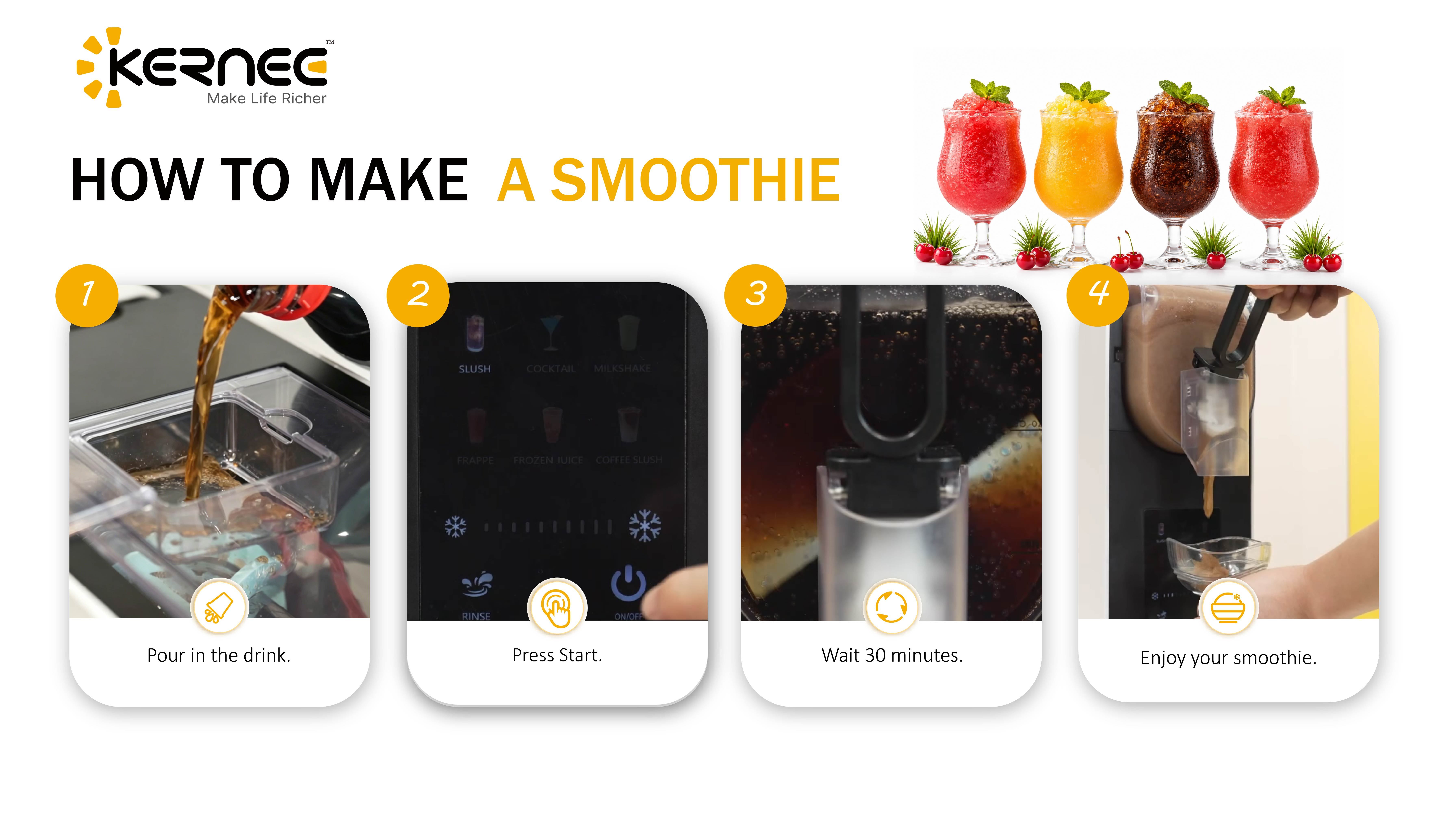 Step-by-step infographic guide showing how to operate the KERNEE electric frozen drink maker from loading ingredients to pouring a slushie.