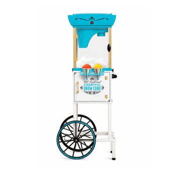 Snow Cone Shaved Ice Machine With Cart | Snow Cone Cart Makes 48 Icy Treats | Includes Plastic Scoop, Storage Compartment, Wheels for Easy Mobility | White and Blue