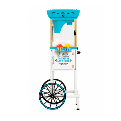 Snow Cone Shaved Ice Machine With Cart | Snow Cone Cart Makes 48 Icy Treats | Includes Plastic Scoop, Storage Compartment, Wheels for Easy Mobility | White and Blue