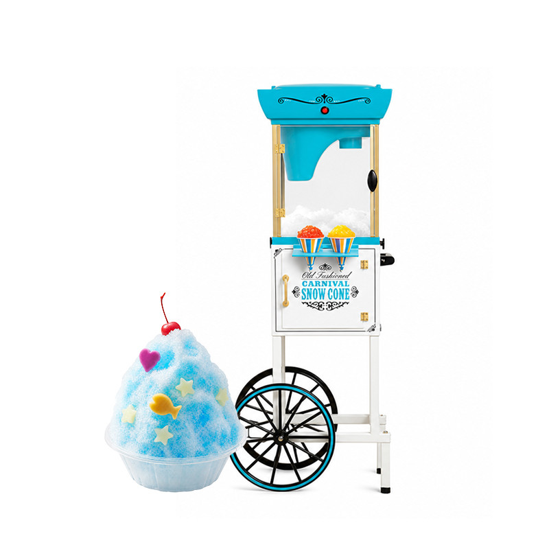 Blue and white retro pushcart-style shaved ice machine displayed with a blue shaved ice dessert, suitable for home parties, events, and retail displays