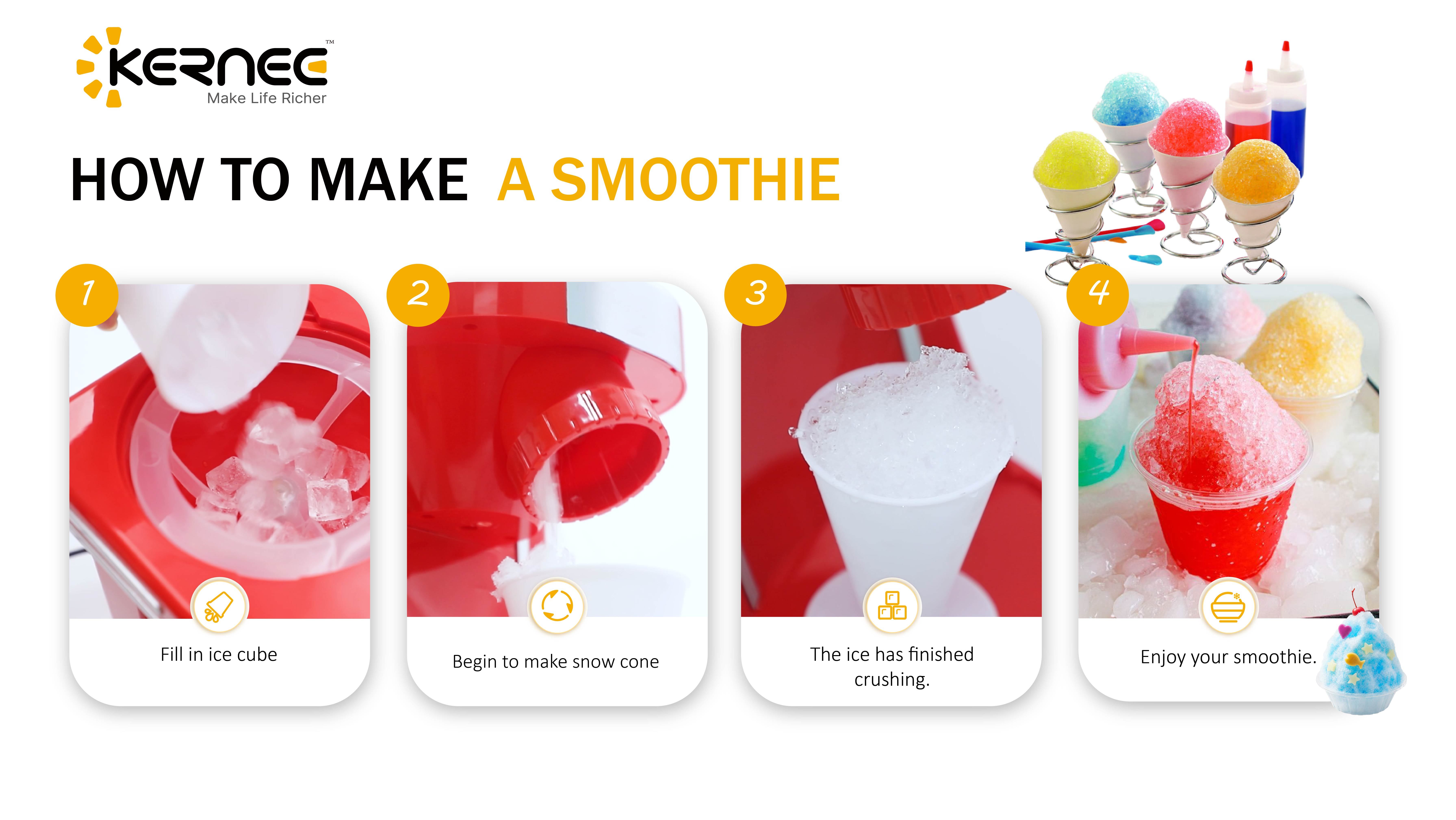KERNEE home shaved ice machine 4-step tutorial chart, clearly showing the full process from adding ice to enjoying shaved ice, highlighting its simple operation and beginner-friendly design.
