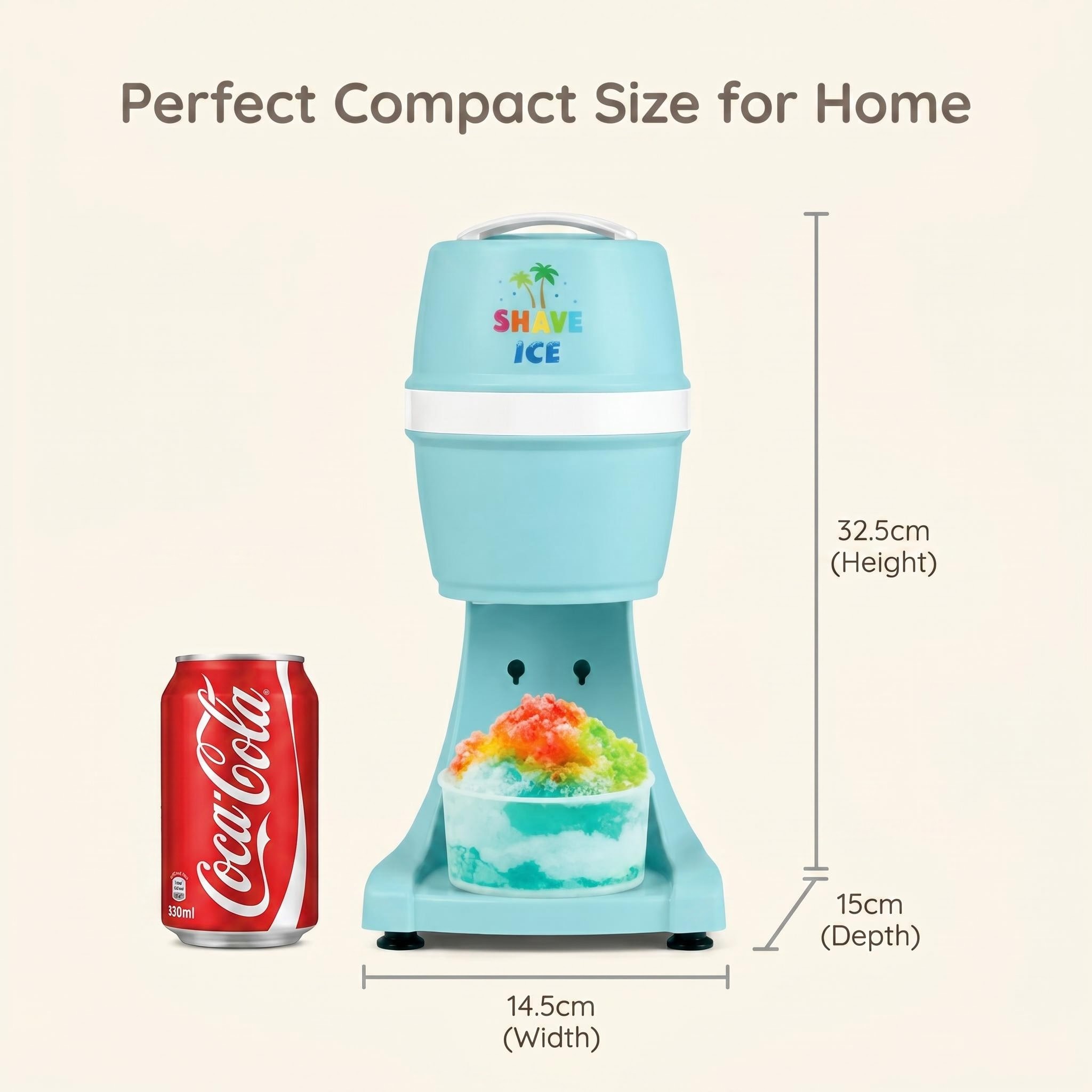 KERNEE pastel blue mini shaved ice machine size chart, compared with a 330ml soda can, showing compact home dimensions of 32.5cm H × 14.5cm W × 15cm D, with a rainbow shaved ice to highlight its space-saving home advantage.