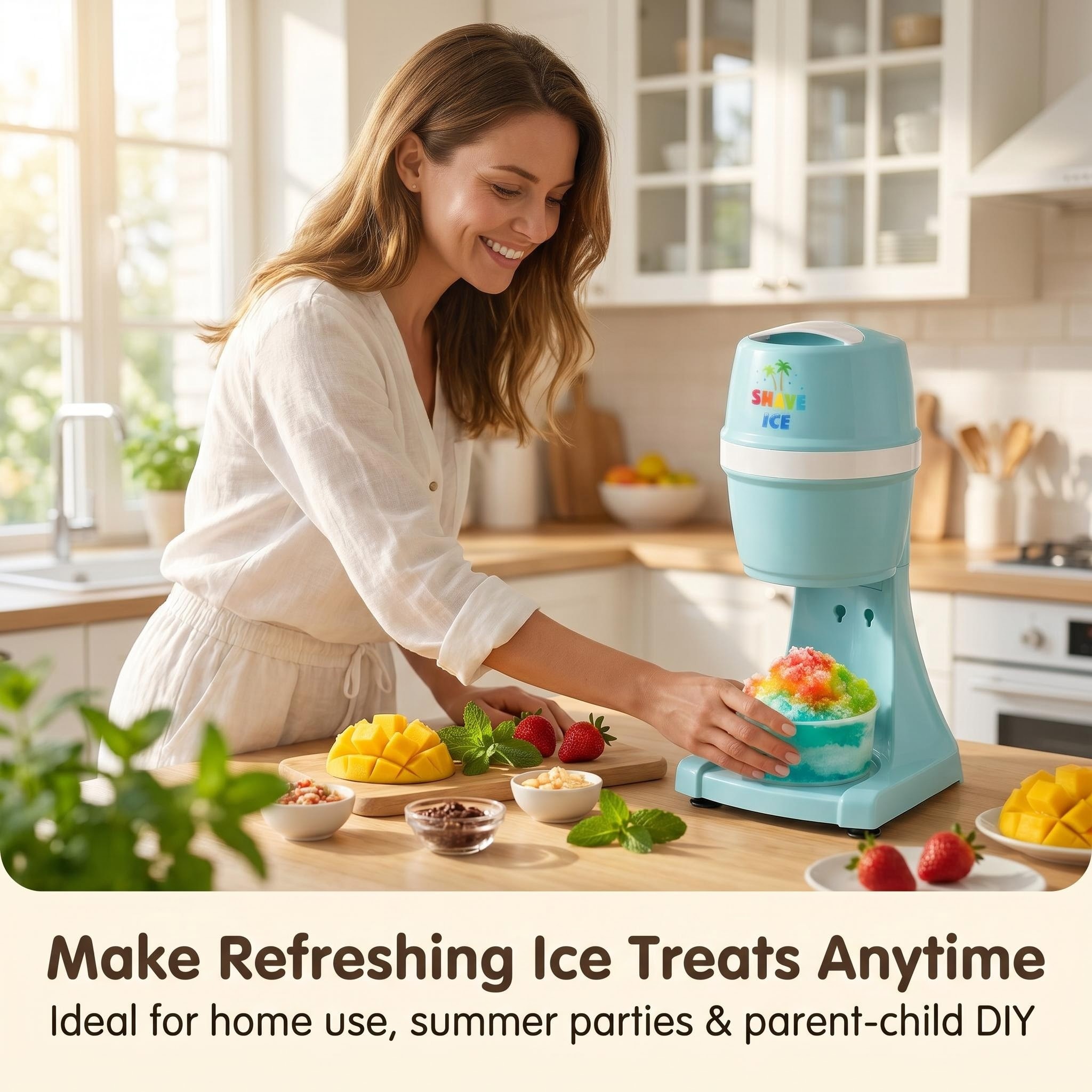 KERNEE pastel blue mini shaved ice machine kitchen lifestyle photo, a woman making rainbow shaved ice in a sunlit kitchen with fresh mango, strawberry toppings, ideal for home DIY, summer parties and parent-child interaction.