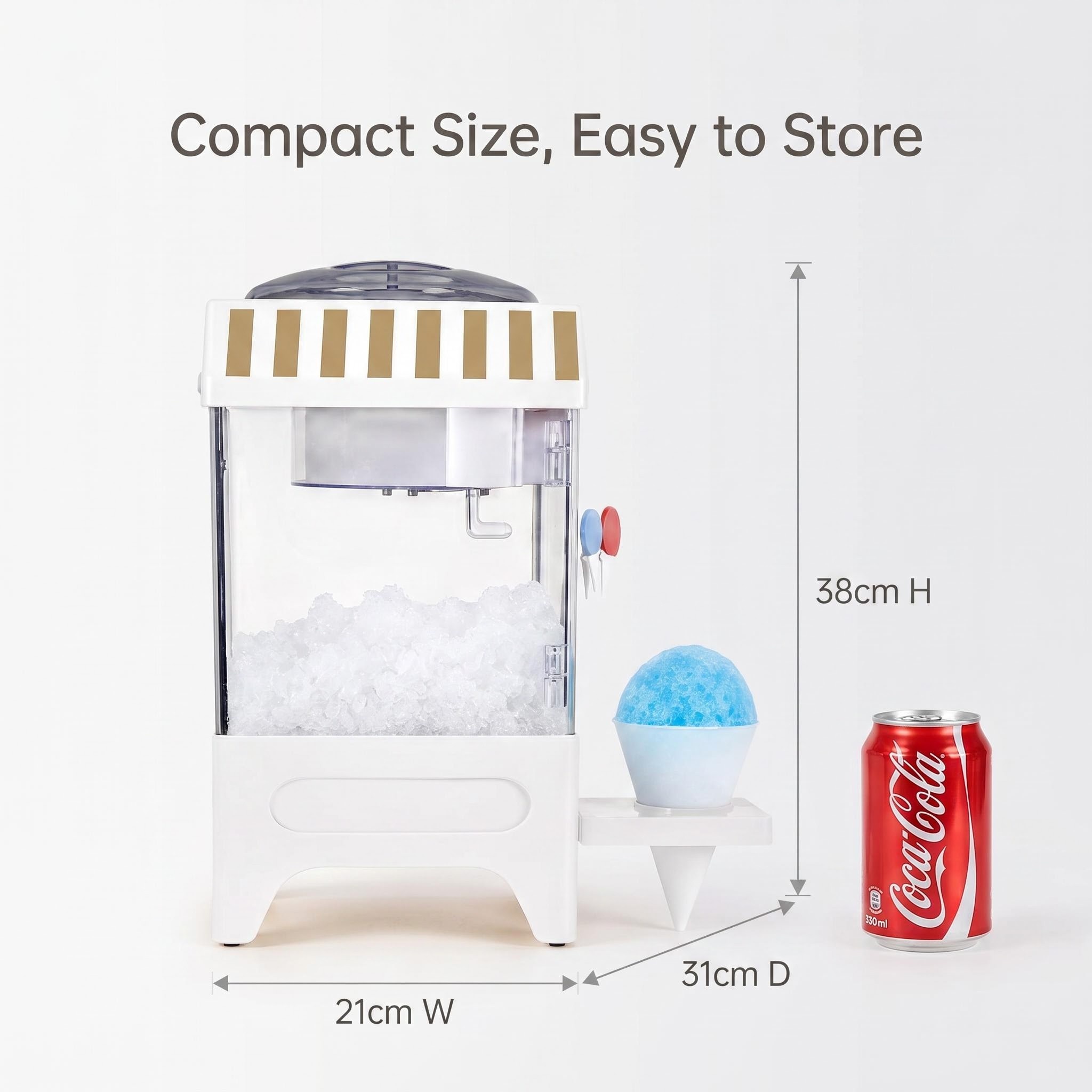 Kernee white vintage snow cone maker size guide showing 38 cm height, 21 cm width, 31 cm depth, with a soda can for scale reference.