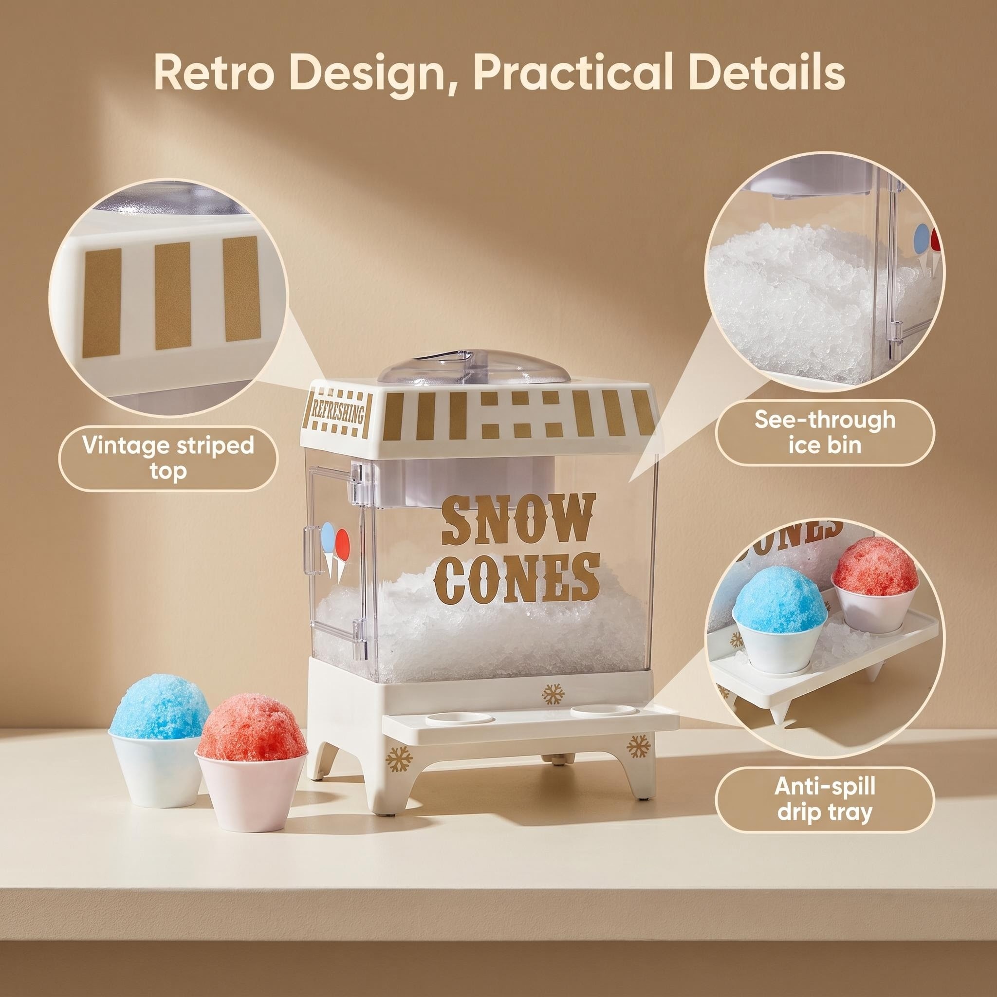 Kernee cream-white retro snow cone maker feature image showing vintage striped top, see-through ice bin, and anti-spill drip tray.