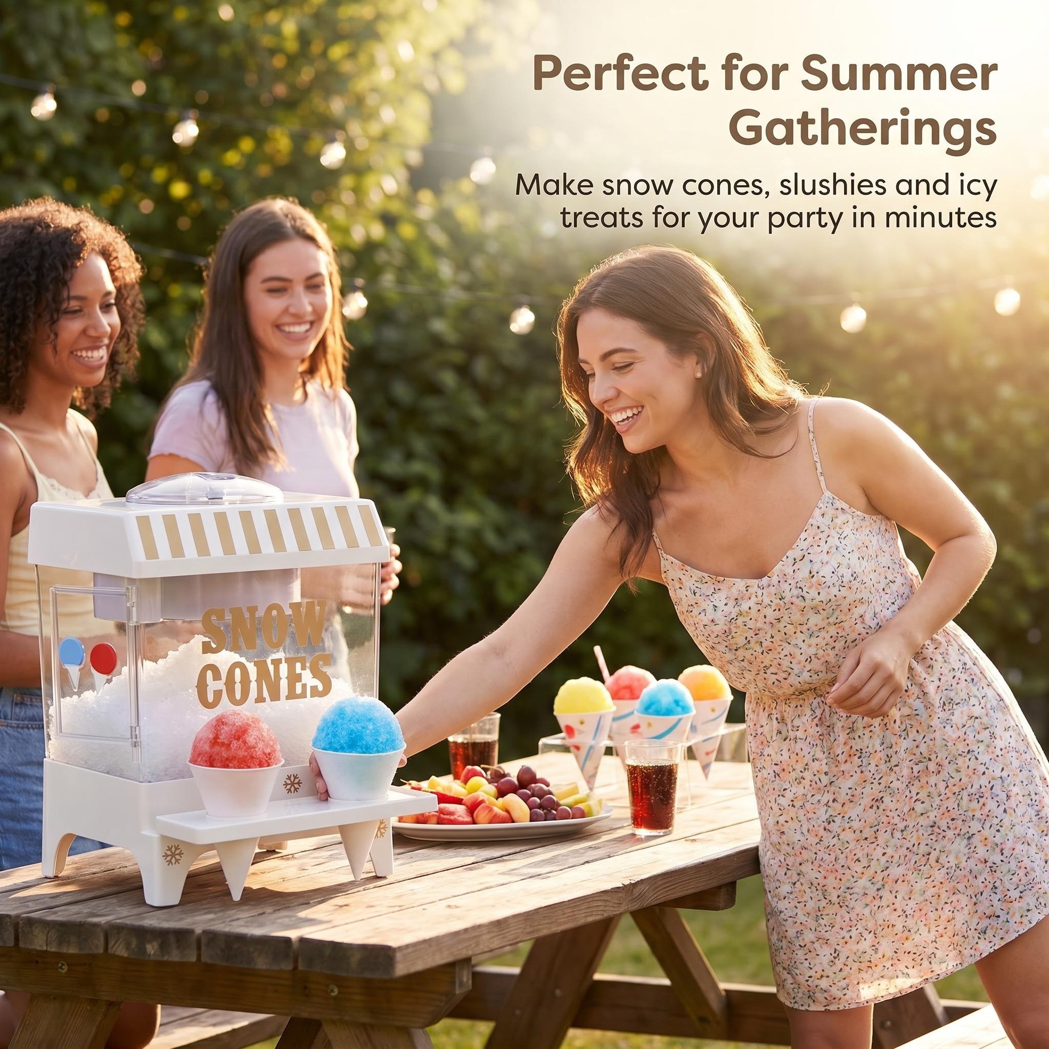 Friends using the Kernee retro snow cone maker at an outdoor summer gathering with colorful snow cones, fruit, drinks, and shaved ice cups on the table.