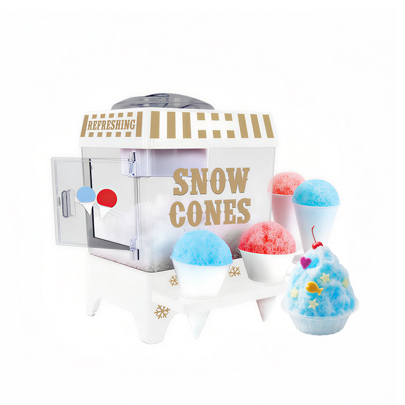 Kernee vintage cart snow cone maker with clear ice chamber, striped lid, side access door, and snow cone serving shelf.