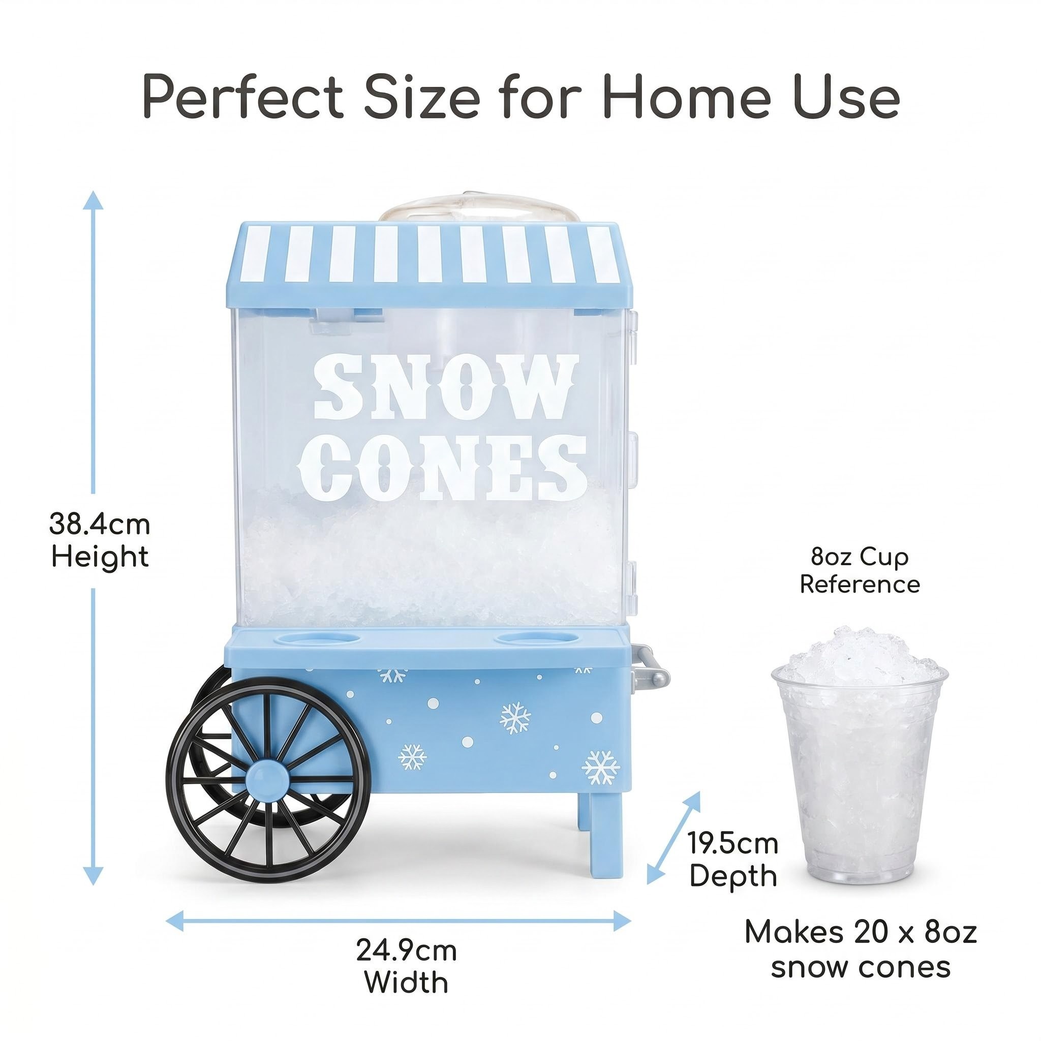 Kernee snow cone maker size guide showing 38.4 cm height, 24.9 cm width, 19.5 cm depth, and an 8 oz snow cone cup reference.